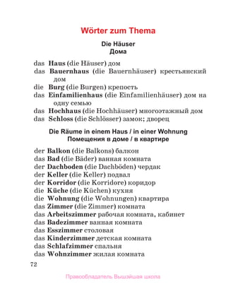 72
Wörter zum Thema
Die Häuser
Дома
	 das	 Haus (die Hдuser) дом
	 das	 Bauernhaus (die Bauernhдuser) крестьянский
дом
	 die	 Burg (die Burgen) крепость
	 das	 Einfamilienhaus (die Einfamilienhдuser) дом на
одну семью
	 das	 Hochhaus (die Hochhдuser) многоэтажный дом
	 das	 Schloss (die Schlцsser) замок; дворец
Die Räume in einem Haus / in einer Wohnung
Помещения в доме / в квартире
	 der	Balkon (die Balkons) балкон
	 das	Bad (die Bдder) ванная комната
	 der	Dachboden (die Dachbцden) чердак
	 der	Keller (die Keller) подвал
	 der	Korridor (die Korridore) коридор
	 die	 Kьche (die Kьchen) кухня
	 die	 Wohnung (die Wohnungen) квартира
	 das	Zimmer (die Zimmer) комната
	 das	Arbeitszimmer рабочая комната, кабинет
	 das	Badezimmer ванная комната
	 das	Esszimmer столовая
	 das	Kinderzimmer детская комната
	 das	Schlafzimmer спальня
	 das	Wohnzimmer жилая комната
Правообладатель Вышэйшая школа
 