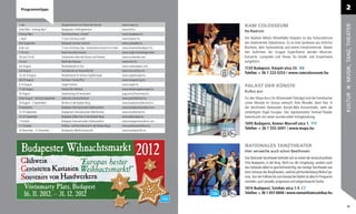 Programmtipps                                                                                                                                                                                  2

                                                                                                                     RAM COLOSSEUM




                                                                                                                                                                                                MUSIK, TANZ, THEATER
1-Jan                            Neujahrskonzert im Palast der Künste                  www.mupa.hu
Ende März - Anfang April         Budapester Frühlingsfestival                          www.btf.hu
                                                                                                                     Re:Radnóti
Anfang März                      Tourismusmesse „Utazás”                               www.hungexpo.hu
1 April                          T-Com Vivicitta Laufen                                www.futenet.hu                Der Radnóti Miklós Művelődési Központ ist das Kulturzentrum
Mai-September                    Budapest Sommer Festival                              www.szabadter.hu              des Stadtviertels Újlipótváros. Es ist eine Symbiose aus örtlicher
Ende Juni                        T-Com Anschluss Day - kostenloses Konzert im Freien   www.showtimebudapest.hu       Bücherei, dem Seniorenklub und einem Freizeitzentrum. Neben
7-10 Juni                        Buda Gourmet Festival                                 www.sziget.hu/budaigourmet    den Auftritten der Gruppe ExperiDance werden Musicals,
30 Juni-15 Juli                  Schwimmen über die Donau und Festival                 www.ourdanube.com             Konzerte, Lustspiele und Shows für Kinder und Erwachsene
23 Juni                          Nacht der Museen                                      www.hnm.hu                    aufgeführt.
Juli-August                      Musikabende im Zoo                                    www.zoobudapest.com
                                                                                                                     1133 Budapest, Kárpát utca 23. D4
Juli-August                      Tanzabende am Karmeliterhof                           www.tancszinhaz.hu
                                                                                                                     Telefon: + 36 1 222-5253 / www.ramcolosseum.hu
12 Juli-9 August                 Musikfestival im Schloss Vajdahunyad                  www.vajdahunyad.hu
28-29 August                     Formula 1 Grand Prix                                  www.hungaroring.hu
6-13 August                      Sziget-Festival                                       www.sziget.hu
                                                                                                                     PALAST DER KÜNSTE
17-20 August                     Festival für Volklore                                 www.mestersegekunnepe.hu
                                                                                                                     Kultur pur
20 August                        Stephanstag mit Feuerwerk                             augusztus20.kormany.hu




                                                                                                                                                                                                KULTUR
Ende August - Anfang September   Jüdisches Sommerfestival                              www.jewishfestival.hu         Für den Müpa (kurz für Művészetek Palotája) sind die Eventkarten
29 August - 2 Septembert         Bierfest in der Budaer Burg                           www.budavarisorfesztival.hu   schon Monate im Voraus verkauft. Kein Wunder, denn hier, in
9 September                      Budapest Internationaler Halbmarathon                 www.budapestmarathon.com      der berühmten Nationalen Bartók-Béla Konzerthalle, steht die
12-16 September                  Budapester Internationales Weinfestival               www.winefestival.hu           vielseitigste Orgel Europas. Das repräsentative Festival-Theater
20-23 September                  Budapest Süßes Fest in der Budaer Burg                www.edesnapok.hu              beeindruckt mit seiner wundervollen Holzgestaltung.
7 October                        Budapest Internationaler Halbmarathon                 www.budapestmarathon.com
                                                                                                                     1095 Budapest, Komor Marcell utca 1. F11
4-7 October                      Pálinka- und Wurstfestival in der Budaer Burg         www.palinkaeskolbasz.hu
16 November - 31 Dezember        Budapester Weihnachtsmarkt                            www.budapestinfo.hu
                                                                                                                     Telefon: + 36 1 555-3001 / www.mupa.hu




  Budapester Wihnachtsmarkt                                                                         2012             NATIONALES TANZTHEATER
                                                                                                                     Hier verweilte auch schon Beethoven
                                                                                                                     Das Nationale Tanztheater beﬁndet sich an einem der eindrucksvollsten
 Glühwein             "Europas bester                                                                                Orte Budapests, in der Burg. Nicht nur die Umgebung, sondern auch

 Gerösteten Kastanien Weihnactsmarkt!"                                                                               das Gebäude selbst ist geschichtsträchtig: das heutige Tanztheater war
                                                                                                                     einst Zuhause des Burgtheaters, welches jahrhundertelang Weltruf ge-
 Souvenirs von Handwerkern                                                                                           noss. Von der Folklore bis zum klassischen Ballett ist alles im Programm
                                                                                                                     vertreten, auch aktuelle, progressive und zeitgenössische Stücke.
    Vörösmarty Platz, Budapest                                                                                       1014 Budapest, Színház utca 1-3. C7
                                                                                                                     Telefon: + 36 1 457-0848 / www.nemzetitancszinhaz.hu
    16. 11. 2012. -- 31. 12. 2012
                                                                                                                                                                                                    31
 