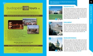 Mehr Informationen zum Besuch des Parlaments unter:                                                 1
    www.parlament.hu


                               FREIHEITSPLATZ




                                                                                                       DIE KLASSIKER
5
                               Der Freiheitsplatz (Szabadság tér) ist zweifellos einer der schönsten
                               Plätze Budapests. Hier verschmelzen Gebäude, Geschehnisse und
                               Emotionen der Vergangenheit und Gegenwart miteinander; man
                               spürt die Geschichte auf der Haut. Der Platz wird unter anderem
                               mit dem Börsenpalast (Tőzsdepalota), der Ungarische National-
                               bank (Magyar Nemzeti Bank), dem Haus der ungarischen Sezession
                               (Magyar Szecesszió Háza) und dem Gebäude der amerikanischen
                               Botschaft geschmückt. Das Sowjetdenkmal ist Thema feuriger De-
                               batten und ebenfalls einen Besuch wert. D6




                                                                                                       TOUREN
6                              PARLAMENT
                               Diese symbolträchtige Attraktion mit Weltruf bietet ihren Besuchern
                               viel zu sehen und kann ohne weiteres einen halben Tag in Anspruch
                               nehmen. Das 268 Meter lange und 96 Meter hohe neugotische
                               Gebäude mit seinen 691 Zimmern wurde von Imre Steindl
                               konzipiert und bietet direkt an der Donau einen atemberaubenden
                               Anblick. In einer der mit wertvollen Materialien getäfelten Hallen
                               des Gebäudes sind die Kronjuwelen Ungarns aufbewahrt. C6




7                              MARGARETENINSEL
                               Budapest ist von vielen schönen Orten umgeben, wenn man dem
                               Lärm der Stadt entﬂiehen will und sich nach etwas mehr Grün sehnt.
                               Die Margareteninsel ist eine zeitsparende Lösung, da sie im Herzen
                               der Stadt liegt. Die Insel trug ursprünglich den Namen Haseninsel,
                               wurde aber später nach der heiligen Margarete der Árpáden-Dy-
                               nastie benannt, die hier als Nonne lebte. Die Insel verfügt über ein
                               Freibad mit Thermalwasser, eine Joggingroute, einen japanischen
                               Garten, einen Wasserturm, einen Rosengarten und sogar einen
                               musizierenden Springbrunnen. Man ﬁndet auch überall ein stilles
                               Plätzchen für romantische Begegnungen. C5—D1


                                                                                                           7
 