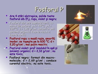 ORADEA, 2008ORADEA, 2008 66
Fosforul PFosforul P
 Are 4 stări alotropice, solide toate:Are 4 stări alotropice, solide toate:
fosforul albfosforul alb (P(P44), ro), roşu, violet şi negru;şu, violet şi negru;
 Fosforul alb: are aspectul cerii; cuFosforul alb: are aspectul cerii; cu
miros de usturoi;miros de usturoi; pp.t..t.== 4444°°C;C; pp.f..f.==
287287°°C; dC; d == 1,82 g1,82 g/cm/cm33
;solubil în unii;solubil în unii
solvenţi orgsolvenţi organicianici; foarte reactiv;; foarte reactiv;
foarte toxic;foarte toxic;
 Fosforul roşu: o masă roşie, amorfă;Fosforul roşu: o masă roşie, amorfă;
inodor; se topeşte pe la 600inodor; se topeşte pe la 600 °°C; dC; d ==
2,20 g2,20 g/cm/cm33
; mai puţin reactiv;; mai puţin reactiv;
 Fosforul violet: praf insolubil în apă şiFosforul violet: praf insolubil în apă şi
solvenţi organici; dsolvenţi organici; d == 2,32 g2,32 g/cm/cm33
; nu; nu
este toxic;este toxic;
 Fosforul negru: format din macro-Fosforul negru: format din macro-
molecule; dmolecule; d == 2,69 g2,69 g/cm/cm33
; conduce; conduce
curentul electric; nu este toxic.curentul electric; nu este toxic.
 