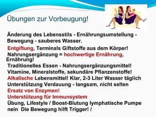 Übungen zur Vorbeugung! 
Änderung des Lebensstils - Ernährungsumstellung - 
Bewegung - sauberes Wasser. 
Entgiftung, Terminals Giftstoffe aus dem Körper! 
Nahrungsergänzung = hochwertige Ernährung, 
Ernährung! 
Traditionelles Essen - Nahrungsergänzungsmittel! 
Vitamine, Mineralstoffe, sekundäre Pflanzenstoffe! 
Alkalische Lebensmittel! Klar, 2-3 Liter Wasser täglich 
Unterstützung Verdauung - langsam, nicht selten 
Ersatz von Enzymen! 
Unterstützung für Immunsystem 
Übung, Lifestyle / Boost-Blutung lymphatische Pumpe 
nein Die Bewegung hilft Trigger! / 
 