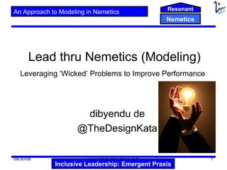 Resonant
An Approach to Modeling in Nemetics
                                                   Nemetics




      Lead thru Nemetics (Modeling)
   Leveraging ‘Wicked’ Problems to Improve Performance




                      dibyendu de
                     @TheDesignKata

09/30/08                www.rapid-innovation.com              1
             Inclusive Leadership: Emergent Praxis
 