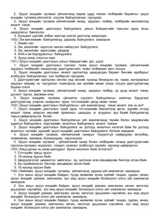 2. Эрүүл мэндийн тусламж үйлчилгээнд өөрөө шууд төлсөн төлбөрийн баримтыг эрүүл
мэндийн тусламж,үйлчилгээ үзүүлэх байгууллагаас гаргуулах
3. Эрүүл мэндийн тусламж үйлчилгээний чанар, зардлын төлбөр, төлбөрийн хөнгөлөлтөд
хяналт тавих
4. Эрүүл мэндийн даатгалын байгууллага, улсын байцаагчийн тавьсан хууль ёсны
шаардлагыг биелүүлэх
5. Хугацаат цэргийн албан хаагчид үнэгүй даатгалд хамрагдах
/100./ Эм хангамжийн байгууллагад дараахь байгууллага хамаарна
1. Эмийн сан
2. Эм, эмнэлгийн хэрэгсэл ханган нийлүүлэх байгууллага
3. Эм, эмнэлгийн хэрэгслийн үйлдвэр
4. ХАА-н эм борлуулалтын байгууллага
5. Эрүүл мэнд спортын яам
/101./ Эрүүл мэндийн даатгалын улсын байцаагчийн эрх ,үүрэг
1. Эрүүл мэндийн даатгалын сангаас төлөх эрүүл мэндийн тусламж, үйлчилгээний
зардлын төлбөрийн хэмжээгээр даатгуулагчийн төлөх төлбөрөөс хасч тооцох
2. Эрүүл мэндийн даатгалын хяналт шалгалтад шаардагдах баримт бичгийн хуулбарыг
холбогдох байгууллагаас үнэ төлбөргүй гаргуулах
3. Даатгуулагчийг хэвтүүлэн эмчлэх үед өвчний түүхэнд бичигдсэн эм, тариа, материалын
зардлыг өөрөөр нь гаргуулсан тохиолдолд зах зээлийн жишиг үнээр тооцон даатгууллагчид
буцаан олгох
4. Эрүүл мэндийн тусламж, үйлчилгээний чанар, зардлын төлбөр, үр дүнд хяналт тавих,
дүгнэлт гаргах, зөвлөмж өгөх
5. Эрүүл мэндийн тусламж үйлчилгээ үзүүлэгч байгууллагын ажилтны буруугаас
даатгуулагчид учирсан хохиролыг хууль тогтоомжийн дагуу нөхөн төлөх
/102./ Эрүүл мэндийн даатгалын байгууллагын үйл ажиллагаанд тавих хяналт аль нь вэ?
1. Эрүүл мэндийн даатгалын тухай хууль тогтоомжийн биелэлтэнд иргэн, хуулийн этгээд
хяналт тавих, илэрсэн зөрчлийг арилгахыг шаардах, уг асуудлыг эрх бүхий байгууллагад
тавьж шийдвэрлүүлж болно
2. Эрүүл мэндийн даатгалын байгууллагын үйл ажиллагаанд төрийн болон хөндлөнгийн
аудитын байгууллага, мэргэжлийн хяналтын байгууллага хяналт тавина
3. Эрүүл мэндийн даатгалын байгууллага нь дотоод хяналтын нэгжтэй байх ба дотоод
хяналтын нэгжийн дүрмийг эрүүл мэндийн даатгалын байгууллага баталж мөрдөнө
4. Эрүүл мэндийн тусламж, үйлчилгээний чанарыг тасралтгүй сайжруулах хөтөлбөр,
төлөвлөгөө, зөвлөмж, боловсруулж, хэрэгжүүлэх
5. Эрүүл мэндийн тусламж , үйлчилгээний чанар болон төлбөрийн талаар даатгуулагчийн
гаргасан өргөдөл, мэдээлэл, гомдол, саналыг холбогдох хуулийн хүрээнд шийдвэрлэх
/103./ Амьд донор нь ямар шалгуурыг бүрэн хангасан байх ёстой вэ?
1. Сэтгэцийн хувьд эрүүл
2. 18 насанд хүрсэн байх
3. Шаардлагатай шинжилгээ хийлгэсэн, эд, эрхтэнээ өгөх зөвшөөрлөө бичгээр өгсөн байх
4. Ар гэрийнхнээсээ бичгээр зөвшөөрөл авсан байх
5. 16 насанд хүрсэн байх
/104./ Нийгмийн эрүүл мэндийн тусламж, үйлчилгээнд дараах үйл ажиллагаа хамаарна:
1. Хүн амын эрүүл мэндийн байдал, түүнд нөлөөлөх хүчин зүйлийг тандах, судлах, хянах,
эрүүл мэндийг дэмжих, хамгаалах, хүн амд эрүүл мэндийн боловсрол олгох үйл ажиллагаа
хамаарна.
2. Хүн амын эрүүл мэндийн байдал, эрүүл мэндийг дэмжих, хамгаалах, өвчин, эмгэгээс
урьдчилан сэргийлэх, хүн амд эрүүл мэндийн боловсрол олгох үйл ажиллагаа хамаарна
3. Эрүүл мэндийг дэмжих, хамгаалах, өвчин, эмгэгээс урьдчилан сэргийлэх, хүн амд эрүүл
мэндийн боловсрол олгох үйл ажиллагаа хамаарна.
4. Хүн амын эрүүл мэндийн байдал, түүнд нөлөөлөх хүчин зүйлийг тандах, судлах, хянах,
эрүүл мэндийг дэмжих, хамгаалах, өвчин, эмгэгээс урьдчилан сэргийлэх, хүн амд эрүүл
мэндийн боловсрол олгох үйл ажиллагаа хамаарна.
 