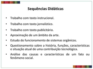 Sequências Didáticas

•   Trabalho com texto instrucional.
•   Trabalho com texto jornalístico.
•   Trabalho com texto publicitário.
•   Aproximação de um âmbito da arte.
•   Estudo do funcionamento de sistemas orgânicos.
•   Questionamento sobre a história, funções, características
    e situação atual de uma contribuição tecnológica.
•   Análise das causas e características de um fato ou
    fenômeno social.
 