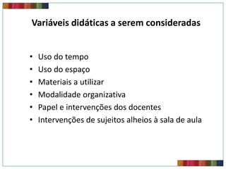 Variáveis didáticas a serem consideradas


•   Uso do tempo
•   Uso do espaço
•   Materiais a utilizar
•   Modalidade organizativa
•   Papel e intervenções dos docentes
•   Intervenções de sujeitos alheios à sala de aula
 