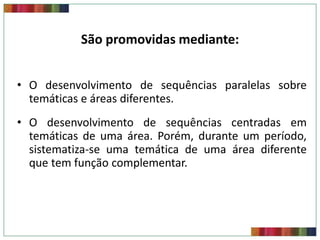 São promovidas mediante:


• O desenvolvimento de sequências paralelas sobre
  temáticas e áreas diferentes.
• O desenvolvimento de sequências centradas em
  temáticas de uma área. Porém, durante um período,
  sistematiza-se uma temática de uma área diferente
  que tem função complementar.
 