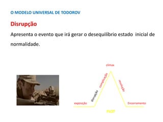 O MODELO UNIVERSAL DE TODOROV

Disrupção
Apresenta o evento que irá gerar o desequilíbrio estado inicial de
normalidade.


                                           clímax




                             exposição               Encerramento

                                           PLOT
 