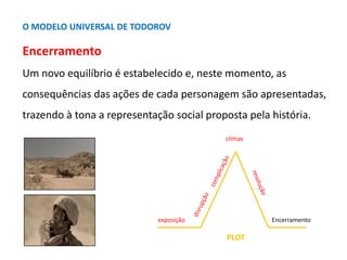 O MODELO UNIVERSAL DE TODOROV

Encerramento
Um novo equilíbrio é estabelecido e, neste momento, as
consequências das ações de cada personagem são apresentadas,
trazendo à tona a representação social proposta pela história.
                                           clímax




                             exposição               Encerramento

                                           PLOT
 