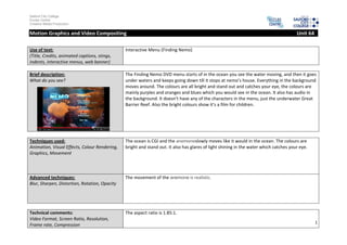Salford City College
Eccles Centre
Creative Media Production
1
Motion Graphics and Video Compositing Unit 64
Use of text:
(Title, Credits, animated captions, stings,
indents, interactive menus, web banner)
Interactive Menu (Finding Nemo)
Brief description:
What do you see?
The Finding Nemo DVD menu starts of in the ocean you see the water moving, and then it goes
under waters and keeps going down till it stops at nemo’s house. Everything in the background
moves around. The colours are all bright and stand out and catches your eye, the colours are
mainly purples and oranges and blues which you would see in the ocean. It also has audio in
the background. It doesn’t have any of the characters in the menu, just the underwater Great
Barrier Reef. Also the bright colours show it’s a film for children.
Techniques used:
Animation, Visual Effects, Colour Rendering,
Graphics, Movement
The ocean is CGI and the anemoneslowly moves like it would in the ocean. The colours are
bright and stand out. It also has glares of light shining in the water which catches your eye.
Advanced techniques:
Blur, Sharpen, Distortion, Rotation, Opacity
The movement of the anemone is realistic.
Technical comments:
Video Format, Screen Ratio, Resolution,
Frame rate, Compression
The aspect ratio is 1.85:1.
 