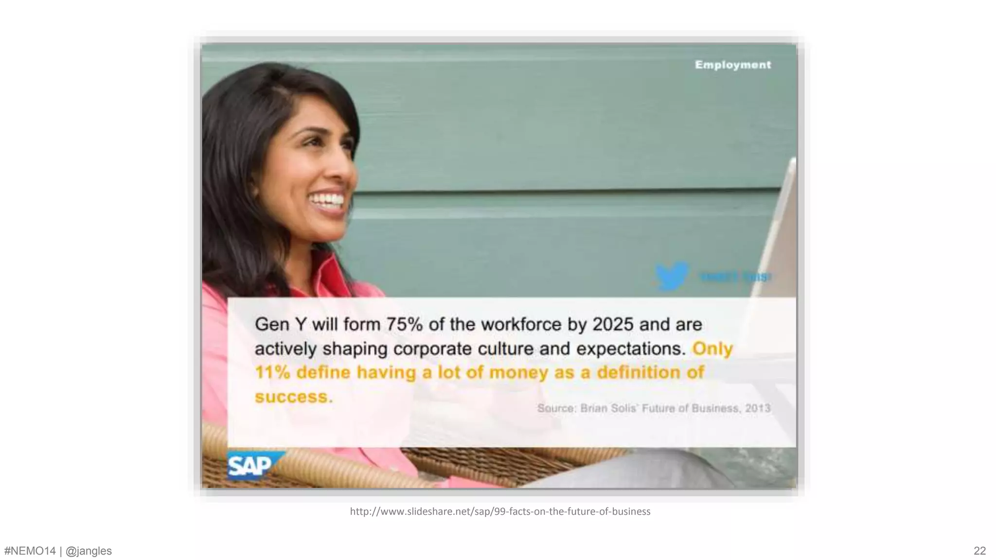 http://www.slideshare.net/sap/99-facts-on-the-future-of-business 
#NEMO14 | @jangles 22 
 