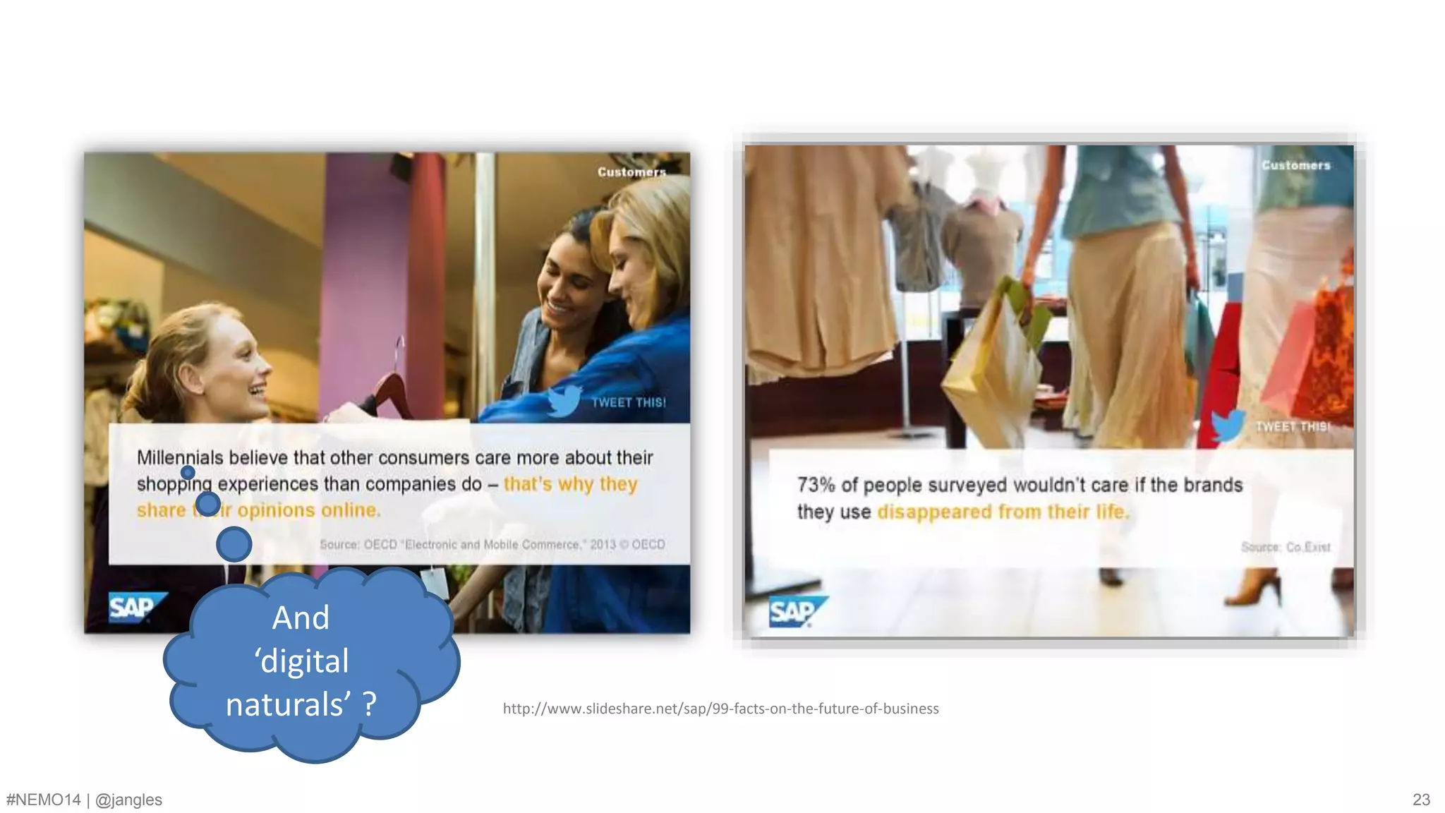 http://www.slideshare.net/sap/99-facts-on-the-future-of-business 
And 
‘digital 
naturals’ ? 
#NEMO14 | @jangles 23 
 