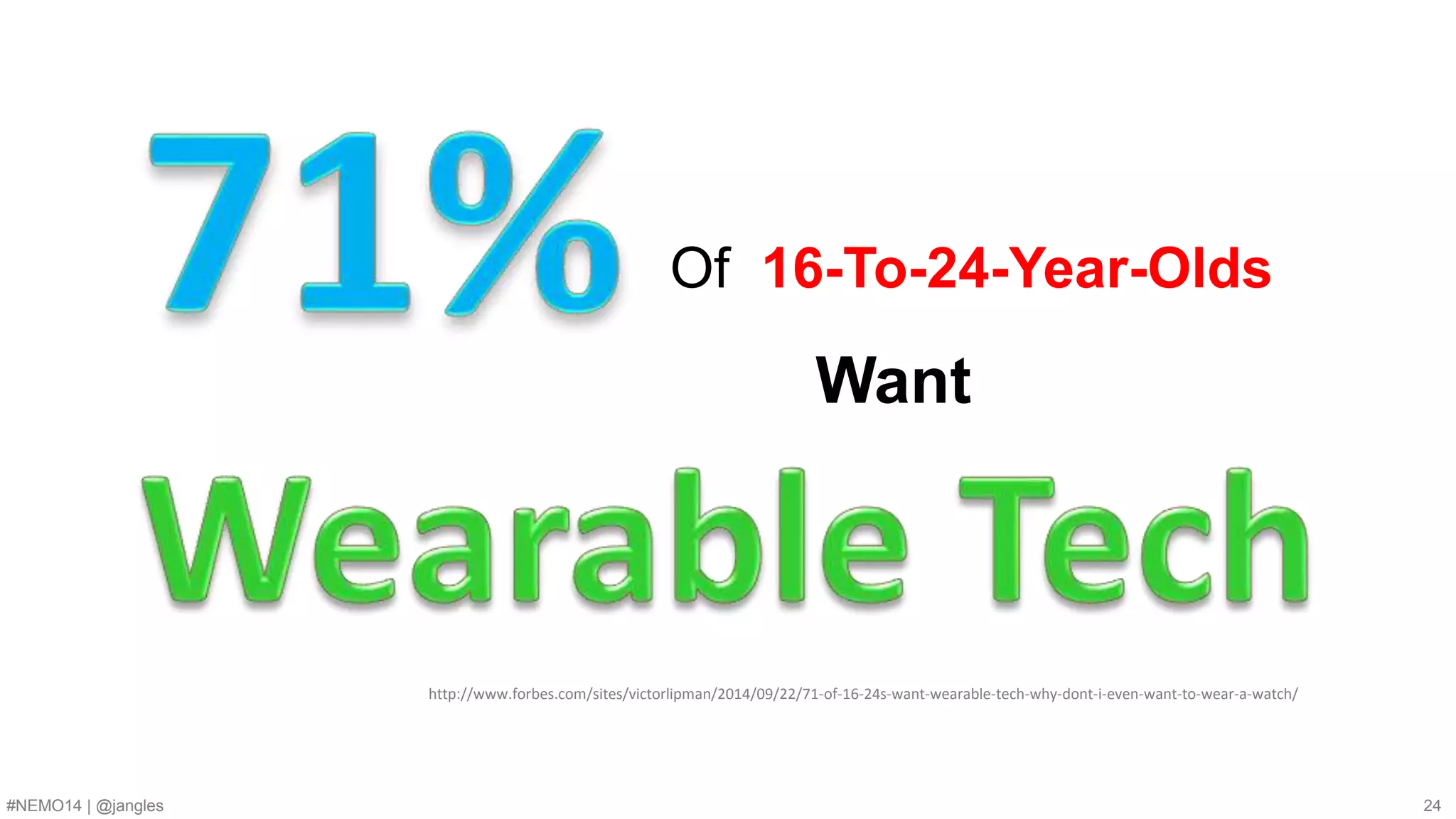 Of 16-To-24-Year-Olds 
Want 
http://www.forbes.com/sites/victorlipman/2014/09/22/71-of-16-24s-want-wearable-tech-why-dont-i-even-want-to-wear-a-watch/ 
#NEMO14 | @jangles 24 
 