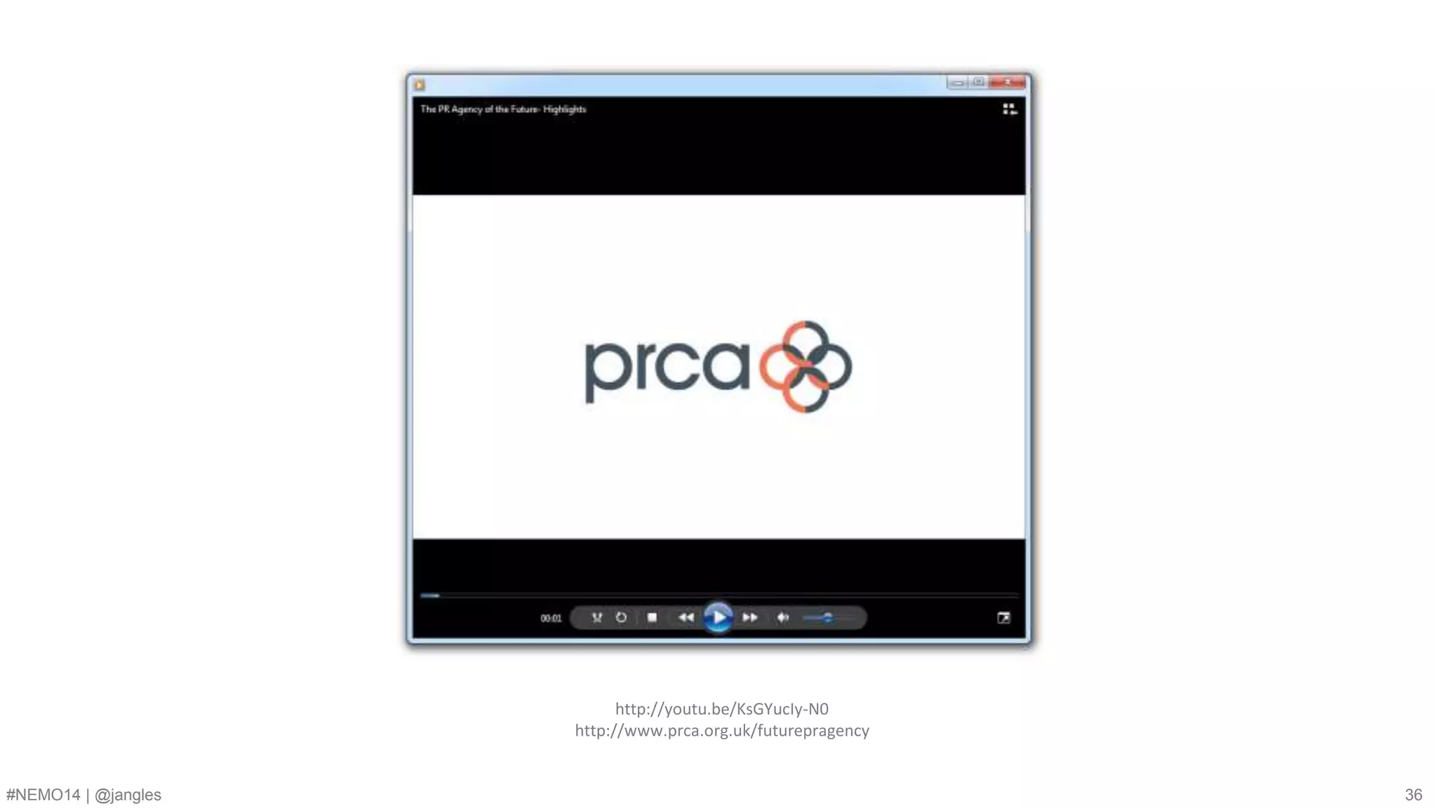 http://youtu.be/KsGYucIy-N0 
http://www.prca.org.uk/futurepragency 
#NEMO14 | @jangles 36 
 