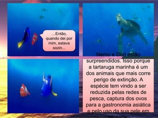 Nemo e Dori estão
surpreendidos. Isso porque
a tartaruga marinha é um
dos animais que mais corre
perigo de extinção. A
espécie tem vindo a ser
reduzida pelas redes de
pesca, captura dos ovos
para a gastronomia asiática
e pelo uso da sua pele em
…Então,
quando dei por
mim, estava
sozin...
 