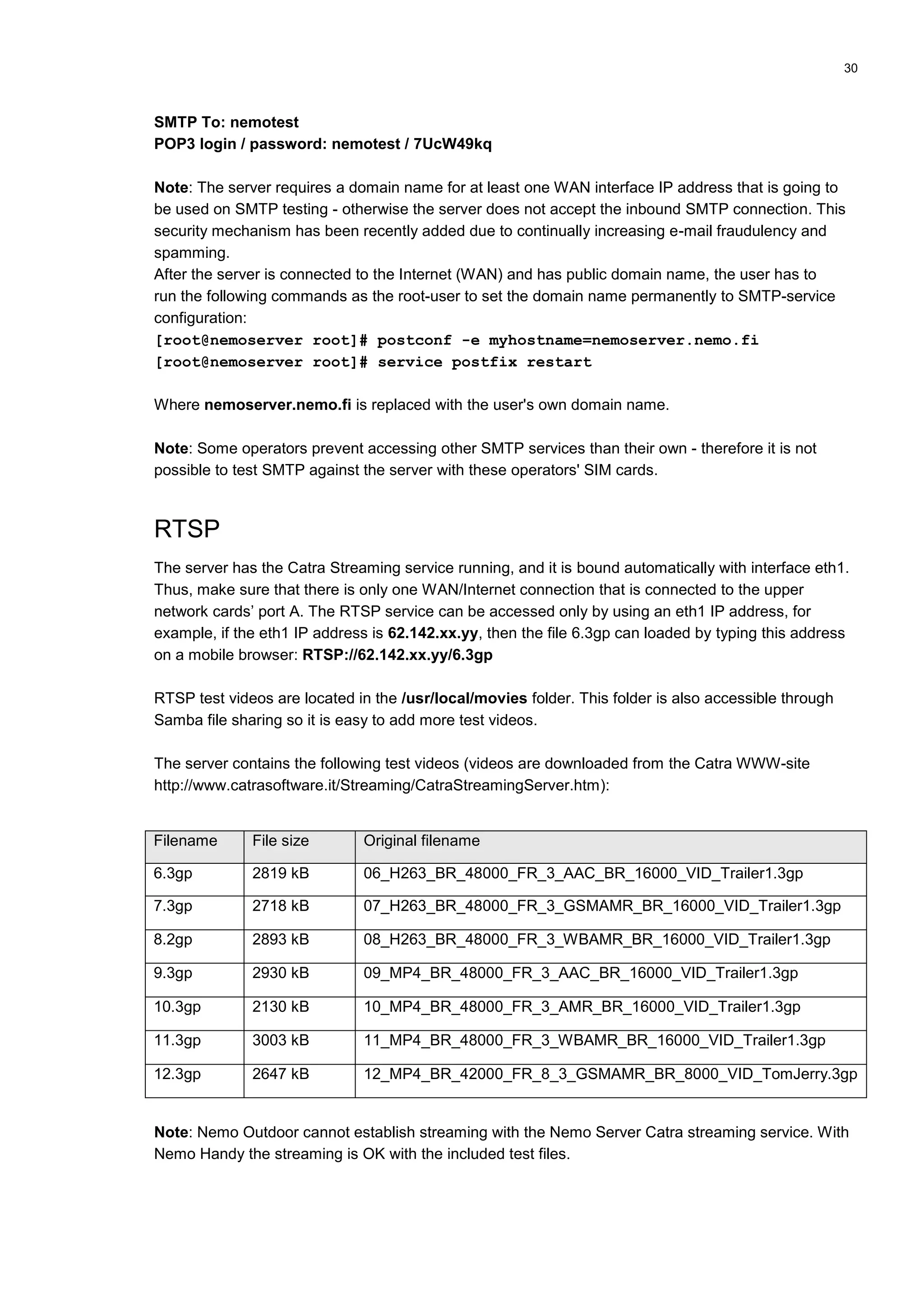 30
SMTP To: nemotest
POP3 login / password: nemotest / 7UcW49kq
Note: The server requires a domain name for at least one WAN interface IP address that is going to
be used on SMTP testing - otherwise the server does not accept the inbound SMTP connection. This
security mechanism has been recently added due to continually increasing e-mail fraudulency and
spamming.
After the server is connected to the Internet (WAN) and has public domain name, the user has to
run the following commands as the root-user to set the domain name permanently to SMTP-service
configuration:
[root@nemoserver root]# postconf -e myhostname=nemoserver.nemo.fi
[root@nemoserver root]# service postfix restart
Where nemoserver.nemo.fi is replaced with the user's own domain name.
Note: Some operators prevent accessing other SMTP services than their own - therefore it is not
possible to test SMTP against the server with these operators' SIM cards.
RTSP
The server has the Catra Streaming service running, and it is bound automatically with interface eth1.
Thus, make sure that there is only one WAN/Internet connection that is connected to the upper
network cards’ port A. The RTSP service can be accessed only by using an eth1 IP address, for
example, if the eth1 IP address is 62.142.xx.yy, then the file 6.3gp can loaded by typing this address
on a mobile browser: RTSP://62.142.xx.yy/6.3gp
RTSP test videos are located in the /usr/local/movies folder. This folder is also accessible through
Samba file sharing so it is easy to add more test videos.
The server contains the following test videos (videos are downloaded from the Catra WWW-site
http://www.catrasoftware.it/Streaming/CatraStreamingServer.htm):
Filename File size Original filename
6.3gp 2819 kB 06_H263_BR_48000_FR_3_AAC_BR_16000_VID_Trailer1.3gp
7.3gp 2718 kB 07_H263_BR_48000_FR_3_GSMAMR_BR_16000_VID_Trailer1.3gp
8.2gp 2893 kB 08_H263_BR_48000_FR_3_WBAMR_BR_16000_VID_Trailer1.3gp
9.3gp 2930 kB 09_MP4_BR_48000_FR_3_AAC_BR_16000_VID_Trailer1.3gp
10.3gp 2130 kB 10_MP4_BR_48000_FR_3_AMR_BR_16000_VID_Trailer1.3gp
11.3gp 3003 kB 11_MP4_BR_48000_FR_3_WBAMR_BR_16000_VID_Trailer1.3gp
12.3gp 2647 kB 12_MP4_BR_42000_FR_8_3_GSMAMR_BR_8000_VID_TomJerry.3gp
Note: Nemo Outdoor cannot establish streaming with the Nemo Server Catra streaming service. With
Nemo Handy the streaming is OK with the included test files.
 