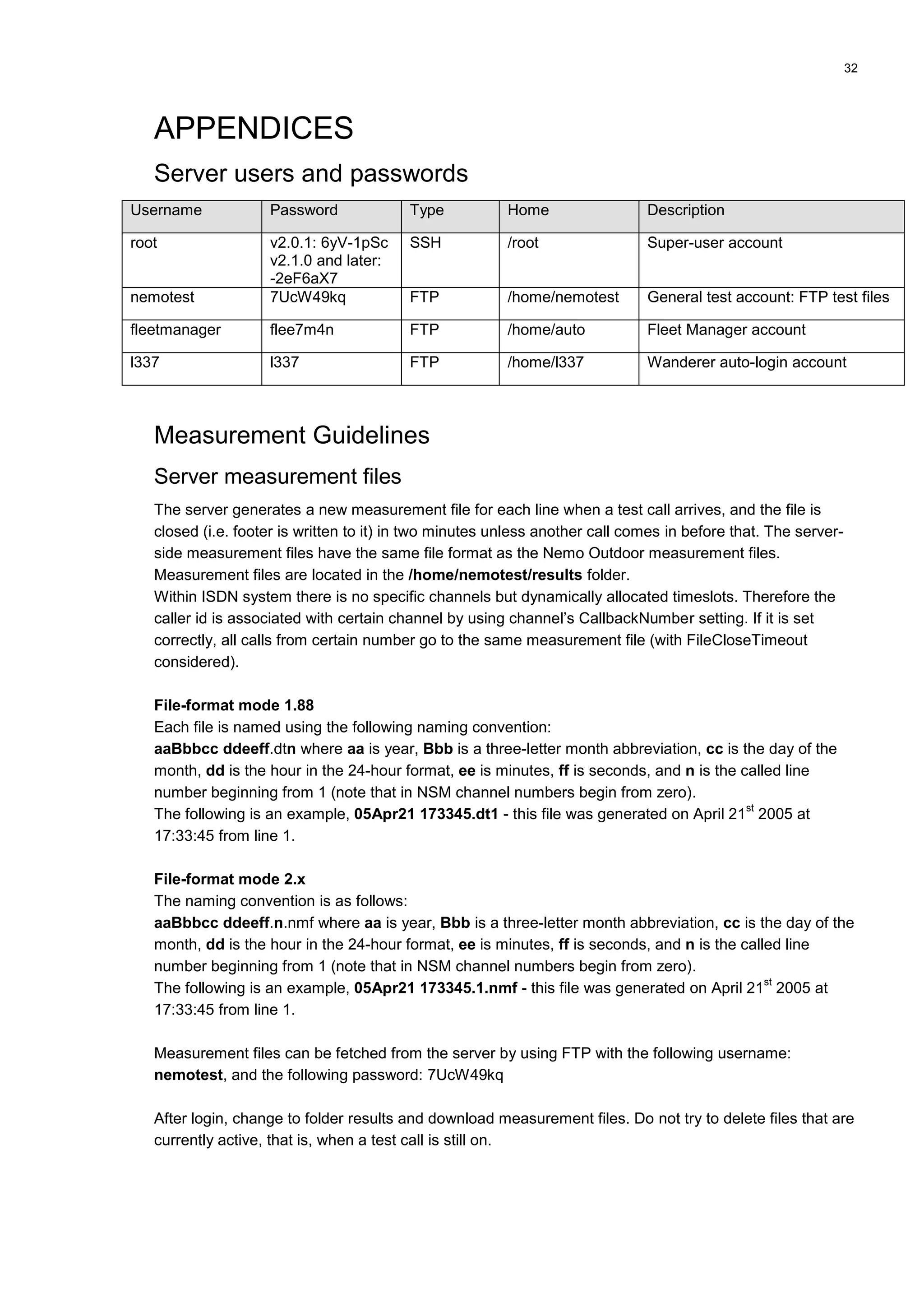 32
APPENDICES
Server users and passwords
Username Password Type Home Description
root v2.0.1: 6yV-1pSc
v2.1.0 and later:
-2eF6aX7
SSH /root Super-user account
nemotest 7UcW49kq FTP /home/nemotest General test account: FTP test files
fleetmanager flee7m4n FTP /home/auto Fleet Manager account
l337 l337 FTP /home/l337 Wanderer auto-login account
Measurement Guidelines
Server measurement files
The server generates a new measurement file for each line when a test call arrives, and the file is
closed (i.e. footer is written to it) in two minutes unless another call comes in before that. The server-
side measurement files have the same file format as the Nemo Outdoor measurement files.
Measurement files are located in the /home/nemotest/results folder.
Within ISDN system there is no specific channels but dynamically allocated timeslots. Therefore the
caller id is associated with certain channel by using channel’s CallbackNumber setting. If it is set
correctly, all calls from certain number go to the same measurement file (with FileCloseTimeout
considered).
File-format mode 1.88
Each file is named using the following naming convention:
aaBbbcc ddeeff.dtn where aa is year, Bbb is a three-letter month abbreviation, cc is the day of the
month, dd is the hour in the 24-hour format, ee is minutes, ff is seconds, and n is the called line
number beginning from 1 (note that in NSM channel numbers begin from zero).
The following is an example, 05Apr21 173345.dt1 - this file was generated on April 21
st
2005 at
17:33:45 from line 1.
File-format mode 2.x
The naming convention is as follows:
aaBbbcc ddeeff.n.nmf where aa is year, Bbb is a three-letter month abbreviation, cc is the day of the
month, dd is the hour in the 24-hour format, ee is minutes, ff is seconds, and n is the called line
number beginning from 1 (note that in NSM channel numbers begin from zero).
The following is an example, 05Apr21 173345.1.nmf - this file was generated on April 21
st
2005 at
17:33:45 from line 1.
Measurement files can be fetched from the server by using FTP with the following username:
nemotest, and the following password: 7UcW49kq
After login, change to folder results and download measurement files. Do not try to delete files that are
currently active, that is, when a test call is still on.
 