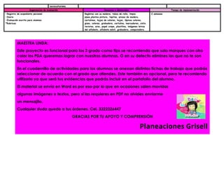 socioculturales.
Sugerencias de evaluación Recursos o Materiales Tiempo de implementación
•Registro de expediente personal
•Diario
•Evaluación escrita para alumnos
*Rubricas
Regletas con su nombre, tubos de rollo, limpia
pipas,plantas pintura, tapitas, pinzas de madera,
cartulinas, hojas de colores, hojas, lápices colores,
gises, colores, grabadora, cartulina, marcadores, cinta,
revistas, aros, papel crepe, plastilina, imágenes letras
del alfabeto, alfabeto móvil, grabadora, computadora.
2 semanas
MAESTRA LINDA:
Este proyecto es funcional para los 3 grado como tips se recomienda que solo marques con otro
color los PDA queremos lograr con nuestros alumnos. O en su defecto elimines los que no te son
funcionales.
En el cuadernillo de actividades para los alumnos se anexan distintas fichas de trabajo que podrás
seleccionar de acuerdo con el grado que atiendes. Este también es opcional, pero te recomiendo
utilizarlo ya que será tus evidencias que podrás incluir en el portafolio del alumno.
El material se envía en Word es por eso por lo que en ocasiones salen movidas
algunas imágenes o textos, pero si las requieres en PDF no olvides enviarme
un mensajito.
Cualquier duda quedo a tus órdenes. Cel. 3322326447
GRACIAS POR TU APOYO Y COMPRENSIÓN
Planeaciones Grisell
 