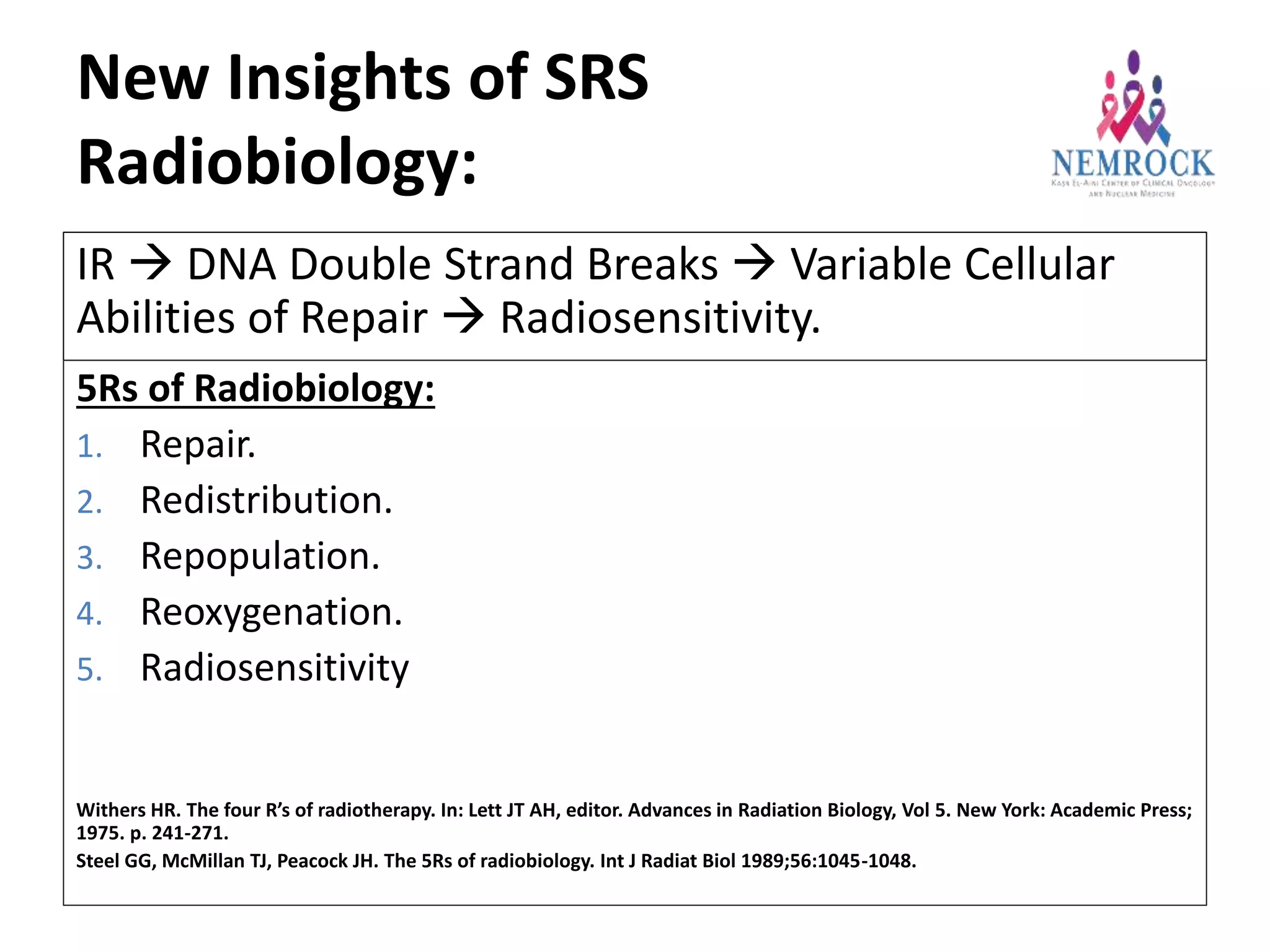 New Insights of SRS
Radiobiology:
IR  DNA Double Strand Breaks  Variable Cellular
Abilities of Repair  Radiosensitivity.
5Rs of Radiobiology:
1. Repair.
2. Redistribution.
3. Repopulation.
4. Reoxygenation.
5. Radiosensitivity
Withers HR. The four R’s of radiotherapy. In: Lett JT AH, editor. Advances in Radiation Biology, Vol 5. New York: Academic Press;
1975. p. 241-271.
Steel GG, McMillan TJ, Peacock JH. The 5Rs of radiobiology. Int J Radiat Biol 1989;56:1045-1048.
 