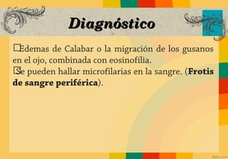 Diagnóstico
ග Edemas de Calabar o la migración de los gusanos
en el ojo, combinada con eosinofília.
ග pueden hallar microfilarias en la sangre. (Frotis
 Se
de sangre periférica).
 