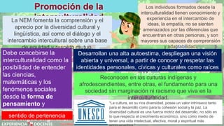 David Betán
La NEM fomenta la comprensión y el
aprecio por la diversidad cultural y
lingüística, así como el diálogo y el
intercambio intercultural sobre una base
de equidad y respeto mutuo.
“La cultura, en su rica diversidad, posee un valor intrínseco tanto
para el desarrollo como para la cohesión social y la paz. La
diversidad cultural es una fuerza motriz del desarrollo, no sólo en
lo que respecta al crecimiento económico, sino como medio de
tener una vida intelectual, afectiva, moral y espiritual más
Debe concebirse la
interculturalidad como la
posibilidad de entender
las ciencias,
matemáticas y los
fenómenos sociales
desde la forma de
pensamiento y
cosmovisión propias de
cada lengua originaria.
Los individuos formados desde la
interculturalidad tienen conocimiento y
experiencia en el intercambio de
ideas, la empatía, no se sienten
amenazados por las diferencias que
encuentran en otras personas, y son
mayores sus capaces de comprensión
y adaptabilidad.
Reconocen en las culturas indígenas y
afrodescendientes, entre otras, el fundamento para una
sociedad sin marginación ni racismo que viva en la
interculturalidad.
Desarrollan una alta autoestima, despliegan una visión
abierta y universal, a partir de conocer y respetar las
identidades personales, cívicas y culturales como raíces
de México.
sentido de pertenencia
 