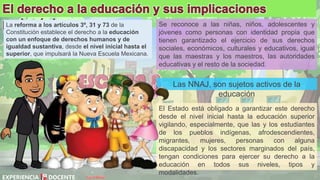 David Betán
La reforma a los artículos 3º, 31 y 73 de la
Constitución establece el derecho a la educación
con un enfoque de derechos humanos y de
igualdad sustantiva, desde el nivel inicial hasta el
superior, que impulsará la Nueva Escuela Mexicana.
Se reconoce a las niñas, niños, adolescentes y
jóvenes como personas con identidad propia que
tienen garantizado el ejercicio de sus derechos
sociales, económicos, culturales y educativos, igual
que las maestras y los maestros, las autoridades
educativas y el resto de la sociedad.
Las NNAJ, son sujetos activos de la
educación
El Estado está obligado a garantizar este derecho
desde el nivel inicial hasta la educación superior
vigilando, especialmente, que las y los estudiantes
de los pueblos indígenas, afrodescendientes,
migrantes, mujeres, personas con alguna
discapacidad y los sectores marginados del país,
tengan condiciones para ejercer su derecho a la
educación en todos sus niveles, tipos y
modalidades.
 