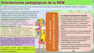 La NEM promueve en esta fase inicial, orientaciones generales que potencien la reflexión, diseño y puesta en
práctica de acciones en dos niveles:
• EL TRABAJO COLABORATIVO SUGIERE:
• Estar atento a los cambios que la dinámica
escolar cotidiana impone a la práctica
docente: mantenerse alerta a las acciones
—propias y de los otros—, cuestionarse
permanentemente y ponderar nuevas rutas
de acción relativas a los principios de la
NEM;
• Potenciar la autoridad y responsabilidad del
docente desde el acompañamiento y en su
práctica;
• Promover variadas formas de participación
que pueden realizarse entre la escuela y la
comunidad, con lo cual se fomente un
mayor arraigo a la vida local;
• Comentar, compartir y valorar las opiniones,
experiencias y sugerencias de la comunidad
escolar permanentemente.
1.
Gestión
escolar
participativa
y
democrática
La gestión escolar está orientada a la
excelencia, para la mejora continua de las
prácticas pedagógicas.
En la gestión escolar es fundamental la
interacción de las maestras y los maestros con
el personal directivo, los supervisores y los
asesores técnico pedagógicos.
La gestión escolar se orienta desde el trabajo
colaborativo —con la finalidad de generar
comunidades de aprendizaje—, poniendo las
condiciones para el diálogo, y en las que se
priorice el aprendizaje de las y los estudiantes.
La NEM impulsa una gestión escolar
democrática, participativa y abierta que
implique el compromiso efectivo de todos sus
miembros y de la comunidad.
Reconoce que la escuela y su gestión es un campo de
relación y disputa de diversos intereses (educativos,
profesionales e incluso personales), lo cual permite
transformar las acciones que despliegan los actores
educativos, al asumir nuestras diferencias.
David Betán
 
