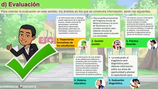 David Betán
Para orientar la evaluación en este sentido, los ámbitos en los que se construirá información, serán los siguientes.
• La información que se obtenga
puede organizarse de la siguiente
manera: estado inicial de los
aprendizajes, momentos
significativos observados,
aprendizajes obtenidos, las
habilidades, disposiciones y
capacidades a potenciar.
1. Trayectorias
formativas de
los estudiantes.
• Para el perfeccionamiento
del Programa Escolar de
Mejora Continua y la toma
de decisiones en los
consejos escolares; para
elaborar vínculos de
interacción entre la escuela
y la comunidad.
2. Gestión
escolar.
• Se trata de construir información
que permita fortalecer y dar
nuevos sentidos a la labor
profesional del maestro, desde la
retroalimentación de la planeación
y la vivencia cotidiana, a través de
la reflexión. Esta información
posibilita la organización de los
planes de formación continua.
3. Práctica
docente.
• La información de este ámbito
es de utilidad para elaborar la
estadística del ciclo escolar y así
conocer el funcionamiento,
desarrollo y estado actual del
sistema educativo mexicano.
Además, se requiere como
insumo para la evaluación y
elaboración de políticas públicas.
4. Sistema
educativo.
• La evaluación al
magisterio será
diagnóstica para
obtener información
sobre sus áreas de
oportunidad y planear
la capacitación para
cada uno de ellos.
5. Evaluación
diagnóstica.
 