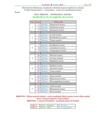 - Lucrãrile fr. Traian Dorz -

Pag. 549

Prin harul lui Dumnezeu, în afarã de volumele de poezii apãrute în colecþia
“Cîntãri Nemuritoare”, - Traian Dorz - a mai scris urmãtoarele lucrãri:
Prozã:
ISUS HRISTOS - DUMNEZEUL NOSTRU

Meditaþii la Sf. Evanghelie de la Ioan
Vol.
1

Cap
Titlu caiet
1 Hristos - Dumnezeul nostru
2 Hristos - Sfinþitorul nostru
3 Hristos - Înnoitorul nostru

2

4 Hristos - Izvorul nostru
5 Hristos - Binefãcãtorul nostru
6 Hristos - Pîinea noastrã

3

7 Hristos - Învãþãtorul nostru
8 Hristos - Luminãtorul nostru
9 Hristos - Vindecãtorul nostru

4

10 Hristos - Pãstorul nostru
11 Hristos - Învierea noastrã
12 Hristos - Împãratul nostru

5

13 Hristos - Modelul nostru
14 Hristos - Adevãrul nostru
15 Hristos - Viaþa noastrã

6

16 Hristos - Pacea noastrã
17 Hristos - Mijlocitorul nostru
18 Hristos - Rãscumpãrãtorul nostru

7

19 Hristos - Jertfa noastrã
20 Hristos - Mîntuitorul nostru
21 Hristos - Slava noastrã

HRISTOS - Pîinea noastrã zilnicã - scurte meditaþii zilnice pentru toate zilele anului
de la 1 ianuarie pînã la 31 decembrie.
HRISTOS - Comoara Psalmilor - meditaþii zilnice la Psalmi
Vol. 1
Vol. 2

De la 1 Ianuarie
De la 1 iulie

la 30 iunie
la 31 decembrie

 