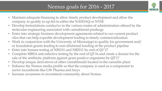 Nemus goals for 2016 - 2017
•  Maintain adequate financing to allow timely product development and allow the
company to qualify to up-list to either the NASDAQ or NYSE
•  Develop formulations conducive to the various routes of administration offered by the
molecular engineering associated with cannabinoid prodrugs
•  Enter into strategic business development agreements related to our current product
silos that can help expedite development leading to timely commercialization
•  Work in conjunction with the University of Mississippi to qualify for government and/
or foundation grants leading to non-dilutional funding of the product pipeline
•  Enter into human testing of NB1111 and NB2111 by end of Q1’17
•  Complete MRSA anti-infective testing by the end of Q3’16 and create a dossier for the
sale of the antibiotic platform against gram positive organisms by Q2’17
•  Develop unique derivatives of other cannabinoids located in the cannabis plant
•  Enhance the Nemus media profile so that the company is used as a comparator to
sector incumbents like GW Pharma and Insys
•  Increase awareness in investment community about Nemus
 