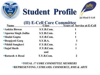 (II) E-Cell Core Committee Name  Class  Years of  Service at E-Cell Ankita Biswas  S.Y.B.Com.  1 Aparna Singh Jodha  S.Y.B.Com.  1 Shalni Gupta  S.Y.B.Com.  1 Deepjyoti Garg  S.Y.B.A.   1 Nikhil Sanghavi  F.Y.B.Com.  1 Sujal Sheth  F.Y.B.Com.  1  and Ratnesh A Desai  T.Y.B.Com.  2 TOTAL  17 CORE COMMITTEE MEMBERS   REPRESENTING  3 STREAMS: COMMERCE ,  BMS  &  ARTS Jai Hind E-Cell 