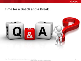 Avaya – Proprietary. Use pursuant to your signed agreement or Avaya policy. 29
Avaya Proprietary – Use Pursuant to Company Instruction.
Time for a Snack and a Break
 