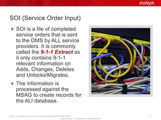 Avaya – Proprietary. Use pursuant to your signed agreement or Avaya policy. 31
Avaya Proprietary – Use Pursuant to Company Instruction.
 SOI is a file of completed
service orders that is sent
to the DMS by ALL service
providers. It is commonly
called the 9-1-1 Extract as
it only contains 9-1-1
relevant information on
Adds, Changes, Deletes
and Unlocks/Migrates.
 The information is
processed against the
MSAG to create records for
the ALI database.
SOI (Service Order Input)
 
