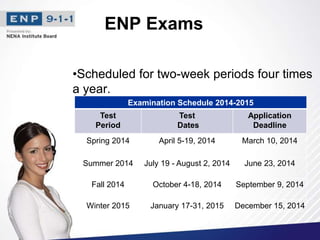 ENP Exams
•Scheduled for two-week periods four times
a year.
Examination Schedule 2014-2015
Test
Period
Test
Dates
Application
Deadline
Spring 2014 April 5-19, 2014 March 10, 2014
Summer 2014 July 19 - August 2, 2014 June 23, 2014
Fall 2014 October 4-18, 2014 September 9, 2014
Winter 2015 January 17-31, 2015 December 15, 2014
 