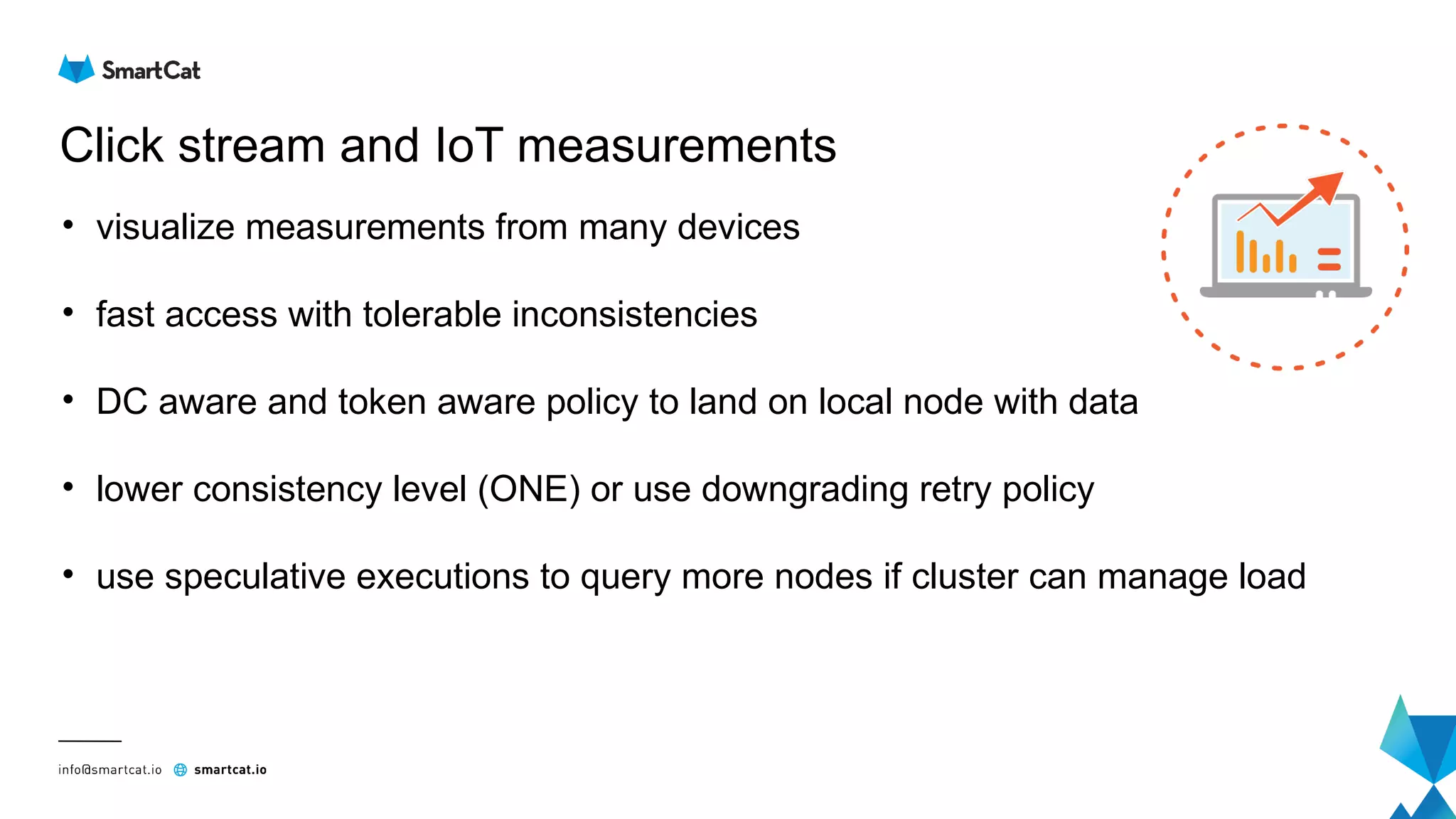 Click stream and IoT measurements
• visualize measurements from many devices
• fast access with tolerable inconsistencies
• DC aware and token aware policy to land on local node with data
• lower consistency level (ONE) or use downgrading retry policy
• use speculative executions to query more nodes if cluster can manage load
 
