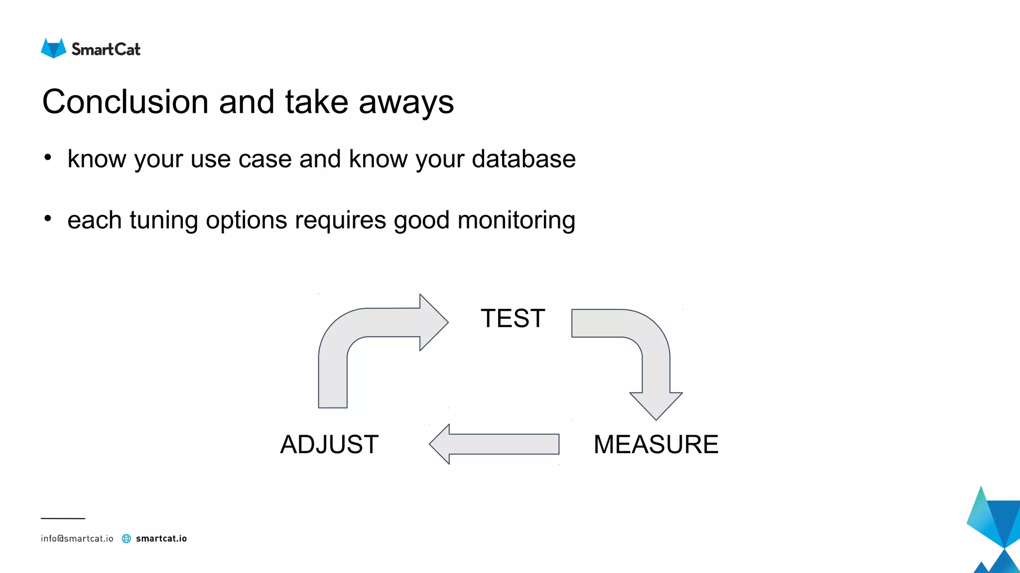 Conclusion and take aways
• know your use case and know your database
• each tuning options requires good monitoring
TEST
ADJUST MEASURE
 