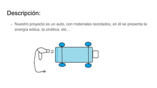 Descripción:
- Nuestro proyecto es un auto, con materiales reciclados, en él se presenta la
energía eólica, la cinética, etc…
 