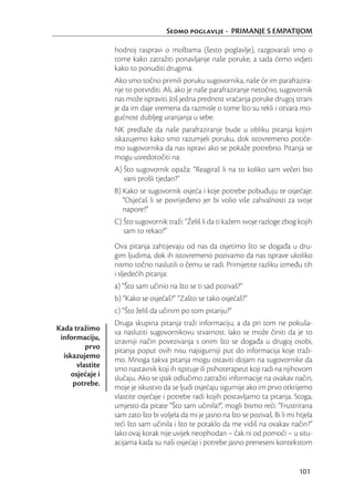 Sedmo poglavlje - PRIMANJE S EMPATIJOM

                  hodnoj raspravi o molbama (šesto poglavlje), razgovarali smo o
                  tome kako zatražiti ponavljanje naše poruke, a sada ćemo vidjeti
                  kako to ponuditi drugima.
                  Ako smo točno primili poruku sugovornika, naše će im parafrazira-
                  nje to potvrditi. Ali, ako je naše parafraziranje netočno, sugovornik
                  nas može ispraviti. Još jedna prednost vraćanja poruke drugoj strani
                  je da im daje vremena da razmisle o tome što su rekli i otvara mo-
                  gućnost dubljeg uranjanja u sebe.
                  NK predlaže da naše parafraziranje bude u obliku pitanja kojim
                  iskazujemo kako smo razumjeli poruku, dok istovremeno potiče-
                  mo sugovornika da nas ispravi ako se pokaže potrebno. Pitanja se
                  mogu usredotočiti na:
                  A) Što sugovornik opaža: “Reagiraš li na to koliko sam večeri bio
                     vani prošli tjedan?”
                  B) Kako se sugovornik osjeća i koje potrebe pobuđuju te osjećaje:
                     “Osjećaš li se povrijeđeno jer bi volio više zahvalnosti za svoje
                     napore?”
                  C) Što sugovornik traži: “Želiš li da ti kažem svoje razloge zbog kojih
                     sam to rekao?”
                  Ova pitanja zahtijevaju od nas da osjetimo što se događa u dru-
                  gim ljudima, dok ih istovremeno pozivamo da nas isprave ukoliko
                  nismo točno naslutili o čemu se radi. Primijetite razliku između tih
                  i sljedećih pitanja:
                  a) “Što sam učinio na što se ti sad pozivaš?”
                  b) “Kako se osjećaš?” “Zašto se tako osjećaš?”
                  c) “Što želiš da učinim po tom pitanju?”
                  Druga skupina pitanja traži informaciju, a da pri tom ne pokuša-
Kada tražimo      va naslutiti sugovornikovu stvarnost. Iako se može činiti da je to
 informaciju,     izravniji način povezivanja s onim što se događa u drugoj osobi,
          prvo    pitanja poput ovih nisu najsigurniji put do informacija koje traži-
  iskazujemo      mo. Mnoga takva pitanja mogu ostaviti dojam na sugovornike da
       vlastite   smo nastavnik koji ih ispituje ili psihoterapeut koji radi na njihovom
     osjećaje i   slučaju. Ako se ipak odlučimo zatražiti informacije na ovakav način,
     potrebe.     moje je iskustvo da se ljudi osjećaju sigurnije ako im prvo otkrijemo
                  vlastite osjećaje i potrebe radi kojih postavljamo ta pitanja. Stoga,
                  umjesto da pitate “Što sam učinila?”, mogli bismo reći: “Frustrirana
                  sam zato što bi voljela da mi je jasno na što se pozivaš. Bi li mi htjela
                  reći što sam učinila i što te potaklo da me vidiš na ovakav način?”
                  Iako ovaj korak nije uvijek neophodan – čak ni od pomoći – u situ-
                  acijama kada su naši osjećaji i potrebe jasno preneseni kontekstom


                                                                                      101
 