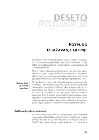 DESETO
                           POGLAVLJE
                                              Potpuno
                                     izražavanje ljutnje
                  Tema ljutnje nam otvara jedinstvenu priliku za dublje uranjanje u
                  NK. Izražavanje ljutnje jasno pokazuje razliku između NK i drugih
                  oblika komunikacije zato što mnoge vidove ovog procesa dovodi
                  u središte pozornosti.
                  Moje je mišljenje da je ubijanje ljudi previše površno. Ubiti, udariti,
                  okriviti, povrijediti druge - bilo ﬁzički ili mentalno - su sve površni
                  iskazi onoga što se u nama događa kada smo ljuti. Kada smo istinski
                  ljuti, željeli bismo puno snažniji način potpunog izražavanja sebe.
 Ubijanje ljudi   Mnoge skupine s kojima radim, koje doživljavaju ugnjetavanje i dis-
     je previše   kriminaciju i žele povećati svoju moć kako bi doveli do promjene,
      površno.    ovakav pristup primaju kao olakšanje. Takve se skupine osjećaju ne-
                  lagodno kada čuju pojmove “nenasilno” ili “suosjećajno” zato što su
                  vrlo često bili prinuđeni zatomiti svoju ljutnju, smiriti se i prihvatiti
                  status quo. Brinu ih pristupi koji na njihovu ljutnju gledaju kao na
                  nepoželjnu kvalitetu koju treba iskorijeniti. Međutim, proces koji mi
                  opisujemo nas ne ohrabruje na ignoriranje, utišavanje ili gutanje svoje
                  ljutnje, nego na potpuno i bezrezervno izražavanje njezine suštine.


Razlikovanje poticaja od uzroka
                  Prvi korak prema potpunom izražavanju ljutnje u NK je osloboditi
                  drugu osobu od bilo kakve odgovornosti za našu ljutnju. Osloba-
                  đamo se misli kao što su: “On, ona ili oni su me naljutili kada su to
                  učinili.” Takvo nas razmišljanje navodi na površno izražavanje svoje



                                                                                      135
 