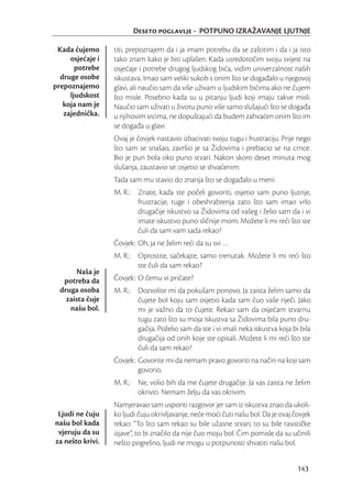 Deseto poglavlje - POTPUNO IZRAŽAVANJE LJUTNJE

 Kada čujemo      titi, prepoznajem da i ja imam potrebu da se zaštitim i da i ja isto
     osjećaje i   tako znam kako je biti uplašen. Kada usredotočim svoju svijest na
       potrebe    osjećaje i potrebe drugog ljudskog bića, vidim univerzalnost naših
  druge osobe     iskustava. Imao sam veliki sukob s onim što se događalo u njegovoj
prepoznajemo      glavi, ali naučio sam da više uživam u ljudskim bićima ako ne čujem
     ljudskost    što misle. Posebno kada su u pitanju ljudi koji imaju takve misli.
   koja nam je    Naučio sam uživati u životu puno više samo slušajući što se događa
   zajednička.    u njihovim srcima, ne dopuštajući da budem zahvaćen onim što im
                  se događa u glavi.
                  Ovaj je čovjek nastavio izbacivati svoju tugu i frustraciju. Prije nego
                  što sam se snašao, završio je sa Židovima i prebacio se na crnce.
                  Bio je pun bola oko puno stvari. Nakon skoro deset minuta mog
                  slušanja, zaustavio se: osjetio se shvaćenim.
                  Tada sam mu stavio do znanja što se događalo u meni:
                  M. R.: Znate, kada ste počeli govoriti, osjetio sam puno ljutnje,
                         frustracije, tuge i obeshrabrenja zato što sam imao vrlo
                         drugačije iskustvo sa Židovima od vašeg i želio sam da i vi
                         imate iskustvo puno sličnije mom. Možete li mi reći što ste
                         čuli da sam vam sada rekao?
                  Čovjek: Oh, ja ne želim reći da su svi …
                  M. R.: Oprostite, sačekajte, samo trenutak. Možete li mi reći što
                         ste čuli da sam rekao?
        Naša je
   potreba da     Čovjek: O čemu vi pričate?
  druga osoba     M. R.: Dozvolite mi da pokušam ponovo. Ja zaista želim samo da
    zaista čuje          čujete bol koju sam osjetio kada sam čuo vaše riječi. Jako
     našu bol.           mi je važno da to čujete. Rekao sam da osjećam stvarnu
                         tugu zato što su moja iskustva sa Židovima bila puno dru-
                         gačija. Poželio sam da ste i vi imali neka iskustva koja bi bila
                         drugačija od onih koje ste opisali. Možete li mi reći što ste
                         čuli da sam rekao?
                  Čovjek: Govorite mi da nemam pravo govoriti na način na koji sam
                          govorio.
                  M. R.: Ne, volio bih da me čujete drugačije. Ja vas zaista ne želim
                         okriviti. Nemam želju da vas okrivim.
                  Namjeravao sam usporiti razgovor jer sam iz iskustva znao da ukoli-
 Ljudi ne čuju    ko ljudi čuju okrivljavanje, neće moći čuti našu bol. Da je ovaj čovjek
našu bol kada     rekao: “To što sam rekao su bile užasne stvari; to su bile rasističke
 vjeruju da su    izjave”, to bi značilo da nije čuo moju bol. Čim pomisle da su učinili
za nešto krivi.   nešto pogrešno, ljudi ne mogu u potpunosti shvatiti našu bol.


                                                                                    143
 