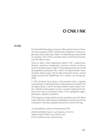 O CNK I NK

O CNK
        Dr. Marshall B. Rosenberg osnovao je 1984. godine Centar za Nena-
        silnu komunikaciju (CNK), međunarodnu neproﬁtnu mirovnu or-
        ganizaciju čija je vizija svijet u kojem svi zadovoljavaju svoje potrebe
        na nenasilan način. CNK je posvećen širenju Nenasilne komunika-
        cije (NK) diljem svijeta.
        Danas se diljem svijeta organiziraju obuke iz NK u zajednicama,
        školama, zatvorima, medijacijskim centrima, crkvama, tvrtkama,
        stručnim konferencijama i dalje. Dr. Rosenberg provodi više od 250
        dana godišnje poučavajući NK u nekim od najsiromašnijih, ratom
        razorenih, država svijeta. Više od 180 veriﬁciranih trenera i stotine
        drugih poučava oko 250.000 ljudi NK u trideset i pet zemalja go-
        dišnje.
        U CNK vjerujemo da je obuka iz NK presudan korak u izgradnji
        suosjećajnog i miroljubivog društva. Vaša donacija će pomoći CNK
        da osigura obuku u nekim od najsiromašnijih mjesta nasilja na svi-
        jetu. Također će dati potporu razvoju i nastavku organiziranih pro-
        jekata koji imaju za cilj donijeti obuku iz NK u geografske regije i
        populacije s najvećim potrebama.
        CNK osigurava mnoge vrijedne resurse za potporu rastu NK diljem
        svijeta. Kako biste uputili donaciju oslobođenu poreza ili saznali više
        o dostupnim resursima, posjetite web stranicu www.CNVC.org.

        Za više podataka, molim vas kontaktirajte CNK:
        2428 Foothill Blvd., Suite E • La Crescenta, CA 91214
        Telefon: 818-957-9393 • Fax: 818-957-1424
        Email: cnvc@cnvc.org • www.cnvc.org




                                                                           195
 