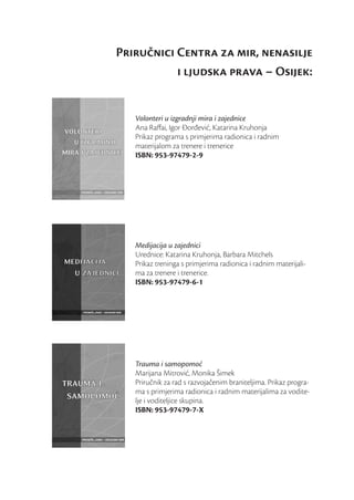Prirunici Centra za mir, nenasilje
           i ljudska prava – Osijek:


   Volonteri u izgradnji mira i zajednice
   Ana Raﬀai, Igor Đorđević, Katarina Kruhonja
   Prikaz programa s primjerima radionica i radnim
   materijalom za trenere i trenerice
   ISBN: 953-97479-2-9




   Medijacija u zajednici
   Urednice: Katarina Kruhonja, Barbara Mitchels
   Prikaz treninga s primjerima radionica i radnim materijali-
   ma za trenere i trenerice.
   ISBN: 953-97479-6-1




   Trauma i samopomoć
   Marijana Mitrović, Monika Šimek
   Priručnik za rad s razvojačenim braniteljima. Prikaz progra-
   ma s primjerima radionica i radnim materijalima za vodite-
   lje i voditeljice skupina.
   ISBN: 953-97479-7-X
 