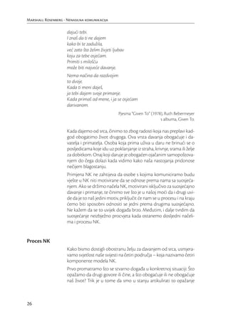 Marshall Rosenberg - Nenasilna komunikacija

                     dajući tebi.
                     I znaš da ti ne dajem
                     kako bi te zadužila,
                     već zato što želim živjeti ljubav
                     koju za tebe osjećam.
                     Primiti s milošću
                     može biti najveće davanje.
                     Nema načina da razdvojim
                     to dvoje.
                     Kada ti meni daješ,
                     ja tebi dajem svoje primanje.
                     Kada primaš od mene, i ja se osjećam
                     darivanom.
                                                  Pjesma “Given To” (1978), Ruth Bebermeyer
                                                                         s albuma, Given To.

                     Kada dajemo od srca, činimo to zbog radosti koja nas preplavi kad-
                     god obogatimo život drugoga. Ova vrsta davanja obogaćuje i da-
                     vatelja i primatelja. Osoba koja prima uživa u daru ne brinući se o
                     posljedicama koje idu uz poklanjanje iz straha, krivnje, srama ili želje
                     za dobitkom. Onaj koji daruje je obogaćen ojačanim samopoštova-
                     njem do čega dolazi kada vidimo kako naša nastojanja pridonose
                     nečijem blagostanju.
                     Primjena NK ne zahtijeva da osobe s kojima komuniciramo budu
                     vješte u NK niti motivirane da se odnose prema nama sa suosjeća-
                     njem. Ako se držimo načela NK, motivirani isključivo za suosjećajno
                     davanje i primanje, te činimo sve što je u našoj moći da i drugi uvi-
                     de da je to naš jedini motiv, priključit će nam se u procesu i na kraju
                     ćemo biti sposobni odnositi se jedni prema drugima suosjećajno.
                     Ne kažem da se to uvijek događa brzo. Međutim, i dalje tvrdim da
                     suosjećanje neizbježno procvjeta kada ostanemo dosljedni načeli-
                     ma i procesu NK.


Proces NK
                     Kako bismo dostigli obostranu želju za davanjem od srca, usmjera-
                     vamo svjetlost naše svijesti na četiri područja – koja nazivamo četiri
                     komponente modela NK.
                     Prvo promatramo što se stvarno događa u konkretnoj situaciji: Što
                     opažamo da drugi govore ili čine, a što obogaćuje ili ne obogaćuje
                     naš život? Trik je u tome da smo u stanju artikulirati to opažanje



26
 