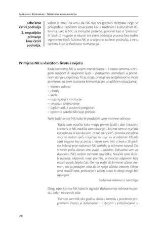 Marshall Rosenberg - Nenasilna komunikacija

      sebe kroz      važno je imati na umu da NK nije set gotovih recepata, nego se
četiri područja      prilagođava različitim situacijama kao i osobnim i kulturalnim sti-
 2. empatijsko       lovima. Iako o NK, za trenutne potrebe, govorim kao o “procesu”
      primanje       ili “jeziku”, moguće je iskusiti sva četiri područja procesa bez ijedne
     kroz četiri     izgovorene riječi. Suština NK je u svijesti o ta četiri područja, a ne u
     područja.       riječima koje se doslovno razmjenjuju.




Primjena NK u vlastitom životu i svijetu
                     Kada koristimo NK u svojim interakcijama – s nama samima, s dru-
                     gom osobom ili skupinom ljudi – postajemo utemeljeni u prirod-
                     nom stanju suosjećanja. To je, stoga, pristup koji se djelotvorno može
                     primijeniti na svim razinama komunikacije i u različitim situacijama:
                     – intimni odnosi
                     – obitelj
                     – škola
                     – organizacije i institucije
                     – terapija i savjetovanje
                     – diplomatski i poslovni pregovori
                     – sporovi i sukobi bilo koje prirode.
                     Neki ljudi koriste NK kako bi produbili svoje intimne odnose:
                            “Kada sam naučila kako mogu primiti (čuti) i dati (iskazati)
                            koristeći se NK, nadišla sam situacije u kojima sam se osjećala
                            napadnuta ili kao da sam „otirač za cipele“, i postala sposobna
                            stvarno slušati riječi i osjećaje na koje su se odnosile. Otkrila
                            sam čovjeka koji je patio, s kojim sam bila u braku 28 godi-
                            na. Vikend prije radionice NK zatražio je od mene razvod. Da
                            skratim priču, danas smo ovdje – zajedno. Zahvalna sam za
                            doprinos (NK) našem sretnom završetku. Naučila sam sluša-
                            ti osjećaje, iskazivati svoje potrebe, prihvaćati odgovore koje
                            nisam uvijek željela čuti. On nije ovdje da bi mene učinio sret-
                            nom, niti ja postojim zato da bi njega učinila sretnim. Oboje
                            smo naučili rasti, prihvaćati i voljeti, kako bi oboje mogli biti
                            ispunjeni. ”
                                                             Sudionica radionice iz San Diega

                     Drugi opet koriste NK kako bi izgradili djelotvornije odnose na po-
                     slu. Jedan nastavnik piše:
                            “Koristio sam NK oko godinu dana u razredu s posebnim pro-
                            gramom. Proces je djelotvoran i s djecom s poteškoćama u


28
 