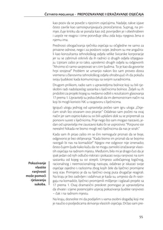Četvrto poglavlje - PREPOZNAVANJE I IZRAŽAVANJE OSJEĆAJA

                 kao poziv da se poveže s njezinim osjećajima. Nadalje, takve izjave
                 često završe kao samoispunjavajuća proročanstva. Suprug, na pri-
                 mjer, čuje kritiku da se ponaša kao zid; povrijeđen je i obeshrabren
                 i uopće ne reagira i time potvrđuje sliku zida koju njegova žena o
                 njemu ima.
                 Prednosti obogaćivanja rječnika osjećaja su očigledne ne samo za
                 privatne odnose, nego i za poslovni svijet. Jednom su me angažira-
                 li kao konzultanta tehnološkog odjela velike švicarske korporacije
                 jer su se zabrinuli otkrivši da ih radnici iz drugih odjela izbjegava-
                 ju. Upitani zašto je to tako, uposlenici drugih odjela su odgovorili:
                 “Mrzimo ići tamo savjetovati se s tim ljudima. To je kao da govorite
                 hrpi strojeva!” Problem se umanjio nakon što sam proveo dosta
                 vremena s članovima tehnološkog odjela ohrabrujući ih da pokažu
                 svoju ljudskost kada komuniciraju sa svojim suradnicima.
                 Drugom prilikom, radio sam s upraviteljima bolnice koji su bili tje-
                 skobni radi nadolazećeg sastanka s liječnicima bolnice. Željeli su ih
                 pridobiti za projekt kojeg su nedavno odbili s rezultatom glasovanja
                 17 prema 1. Upravitelji su jedva čekali da im demonstriram način na
                 koji bi mogli koristiti NK u razgovoru s liječnicima.
                 Igrajući ulogu jednog od upravitelja počeo sam igru uloga: „Osje-
                 ćam strah što otvaram ovo pitanje:“ Odabrao sam početi na ovaj
                 način jer sam osjetio kako su svi bili uplašeni dok su se pripremali za
                 ponovni susret s liječnicima. Prije nego što sam mogao nastaviti, je-
                 dan od upravitelja me zaustavio kako bi se usprotivio: “Potpuno ste
                 nerealni! Nikada ne bismo mogli reći liječnicima da nas je strah.”
                 Kada sam ih pitao zašto im se čini nemoguće priznati da se boje,
                 odgovorio je bez oklijevanja: “Kada bismo im priznali da se bojimo
                 rastrgali bi nas na komadiće!” Njegov me odgovor nije iznenadio;
                 često čujem ljude kako kažu da ne mogu zamisliti izražavanje vlasti-
                 tih osjećaja na radnom mjestu. Međutim, bilo mi je drago čuti da je
                 ipak jedan od njih odlučio riskirati i pokazati svoju ranjivost na tom
                 sastanku od kojeg su svi strepili. Umjesto uobičajenog logičnog,
 Pokazivanje     racionalnog i neemocionalnog nastupa, odabrao je iskazati svoje
      vlastite   osjećaje zajedno s razlozima zbog kojih žele da liječnici promijene
   ranjivosti    svoj stav. Primijetio je da su liječnici ovog puta drugačije reagirali.
može pomoći      Na kraju je bio zadivljen i odahnuo je kada su, umjesto da ih rastr-
  rješavanju     gaju na komadiće, liječnici promijenili mišljenje i izglasali projekt sa
     sukoba.     17 prema 1. Ovaj dramatični preokret pomogao je upraviteljima
                 da shvate i cijene potencijalni utjecaj pokazivanja ljudske ranjivosti
                 – čak i na radnom mjestu.
                 Na kraju, dozvolite mi da podijelim s vama osobni događaj koji me
                 je naučio o posljedicama skrivanja vlastitih osjećaja. Držao sam pre-


                                                                                     55
 