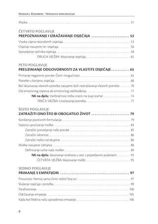 Marshall Rosenberg - Nenasilna komunikacija

Maska . . . . . . . . . . . . . . . . . . . . . . . . . . . . . . . . . . . . . . . . . . . . . . . . . . . . . . . . . . . . . . . . . . . . . . . . . . . . . . . 51

ČETVRTO POGLAVLJE
PREPOZNAVANJE I IZRAŽAVANJE OSJEĆAJA . . . . . . . . . . . . . . . . . . . . . . . 53
Visoka cijena neizraženih osjećaja . . . . . . . . . . . . . . . . . . . . . . . . . . . . . . . . . . . . . . . . . . . . . . . . . . . .                       53
Osjećaji nasuprot ne–osjećaja . . . . . . . . . . . . . . . . . . . . . . . . . . . . . . . . . . . . . . . . . . . . . . . . . . . . . . .                      56
Sastavljanje rječnika osjećaja . . . . . . . . . . . . . . . . . . . . . . . . . . . . . . . . . . . . . . . . . . . . . . . . . . . . . . . . .                 58
                DRUGA VJEŽBA: Iskazivanje osjećaja . . . . . . . . . . . . . . . . . . . . . . . . . . . . . . . . . .                                           62

PETO POGLAVLJE
PREUZIMANJE ODGOVORNOSTI ZA VLASTITE OSJEĆAJE . . . . . . . . . . . 65
Primanje negativne poruke: Četiri mogućnosti . . . . . . . . . . . . . . . . . . . . . . . . . . . . . . . . . . . . . . .                                       65
Potrebe u korijenu osjećaja . . . . . . . . . . . . . . . . . . . . . . . . . . . . . . . . . . . . . . . . . . . . . . . . . . . . . . . . . .                  68
Bol iskazivanja vlastitih potreba nasuprot boli neizražavanja vlastitih potreba . . . . . . . .                                                                  70
Od emotivnog ropstva do emotivnog oslobođenja . . . . . . . . . . . . . . . . . . . . . . . . . . . . . . . . . .                                                71
           NK na djelu: Vanbračnost treba vratiti na stup srama! . . . . . . . . . . . . . . . . . . . . .                                                       74
               TREĆA VJEŽBA: Uvažavanje potreba . . . . . . . . . . . . . . . . . . . . . . . . . . . . . . . . . .                                              77

ŠESTO POGLAVLJE
ZATRAŽITI ONO ŠTO BI OBOGATILO ŽIVOT . . . . . . . . . . . . . . . . . . . . . . . 79
Korištenje pozitivnih formulacija . . . . . . . . . . . . . . . . . . . . . . . . . . . . . . . . . . . . . . . . . . . . . . . . . . . . .                      79
Svjesno upućivanje molbe . . . . . . . . . . . . . . . . . . . . . . . . . . . . . . . . . . . . . . . . . . . . . . . . . . . . . . . . . . .                   83
     Zatražiti ponavljanje naše poruke . . . . . . . . . . . . . . . . . . . . . . . . . . . . . . . . . . . . . . . . . . . . . . .                             85
     Zatražiti iskrenost . . . . . . . . . . . . . . . . . . . . . . . . . . . . . . . . . . . . . . . . . . . . . . . . . . . . . . . . . . . . . . .           86
     Zatražiti nešto od skupine . . . . . . . . . . . . . . . . . . . . . . . . . . . . . . . . . . . . . . . . . . . . . . . . . . . . . .                      86
Molba nasuprot zahtjeva . . . . . . . . . . . . . . . . . . . . . . . . . . . . . . . . . . . . . . . . . . . . . . . . . . . . . . . . . . . .                  88
     Deﬁniranje svrhe naše molbe . . . . . . . . . . . . . . . . . . . . . . . . . . . . . . . . . . . . . . . . . . . . . . . . . . .                           89
          NK na djelu: Iskazivanje strahova u vezi s prijateljevim pušenjem . . . . . . . . . .                                                                  93
               ČETVRTA VJEŽBA: Iskazivanje molbi . . . . . . . . . . . . . . . . . . . . . . . . . . . . . . . . . .                                             95

SEDMO POGLAVLJE
PRIMANJE S EMPATIJOM . . . . . . . . . . . . . . . . . . . . . . . . . . . . . . . . . . . . . . . . . . 97
Prisutnost: Nemoj samo činiti nešto! Stoj tu! . . . . . . . . . . . . . . . . . . . . . . . . . . . . . . . . . . . . . . . . . 97
Slušanje osjećaja i potreba . . . . . . . . . . . . . . . . . . . . . . . . . . . . . . . . . . . . . . . . . . . . . . . . . . . . . . . . . . . 99
Parafraziranje . . . . . . . . . . . . . . . . . . . . . . . . . . . . . . . . . . . . . . . . . . . . . . . . . . . . . . . . . . . . . . . . . . . . . . . 100
Održavanje empatije. . . . . . . . . . . . . . . . . . . . . . . . . . . . . . . . . . . . . . . . . . . . . . . . . . . . . . . . . . . . . . . . 105
Kada bol blokira našu sposobnost empatije. . . . . . . . . . . . . . . . . . . . . . . . . . . . . . . . . . . . . . . . . 106


6
 