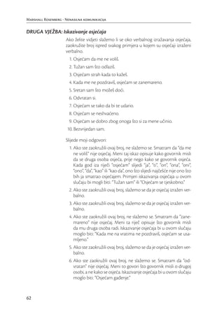 Marshall Rosenberg - Nenasilna komunikacija


DRUGA VJEŽBA: Iskazivanje osjećaja
                     Ako želite vidjeti slažemo li se oko verbalnog izražavanja osjećaja,
                     zaokružite broj ispred svakog primjera u kojem su osjećaji izraženi
                     verbalno.
                       1. Osjećam da me ne voliš.
                       2. Tužan sam što odlaziš.
                       3. Osjećam strah kada to kažeš.
                       4. Kada me ne pozdraviš, osjećam se zanemareno.
                       5. Sretan sam što možeš doći.
                       6. Odvratan si.
                       7. Osjećam se tako da bi te udario.
                       8. Osjećam se neshvaćeno.
                       9. Osjećam se dobro zbog onoga što si za mene učinio.
                      10. Bezvrijedan sam.

                     Slijede moji odgovori:
                       1. Ako ste zaokružili ovaj broj, ne slažemo se. Smatram da “da me
                          ne voliš” nije osjećaj. Meni taj iskaz opisuje kako govornik misli
                          da se druga osoba osjeća, prije nego kako se govornik osjeća.
                          Kada god iza riječi “osjećam” slijedi “ja”, “ti”, “on”, “ona”, “oni”,
                          “ono”, “da”, “kao” ili “kao da”, ono što slijedi najčešće nije ono što
                          bih ja smatrao osjećajem. Primjeri iskazivanja osjećaja u ovom
                          slučaju bi mogli biti: “Tužan sam” ili “Osjećam se tjeskobno.”
                       2. Ako ste zaokružili ovaj broj, slažemo se da je osjećaj izražen ver-
                          balno.
                       3. Ako ste zaokružili ovaj broj, slažemo se da je osjećaj izražen ver-
                          balno.
                       4. Ako ste zaokružili ovaj broj, ne slažemo se. Smatram da “zane-
                          mareno” nije osjećaj. Meni ta riječ opisuje što govornik misli
                          da mu druga osoba radi. Iskazivanje osjećaja bi u ovom slučaju
                          moglo biti: “Kada me na vratima ne pozdraviš, osjećam se usa-
                          mljeno.”
                       5. Ako ste zaokružili ovaj broj, slažemo se da je osjećaj izražen ver-
                          balno.
                       6. Ako ste zaokružili ovaj broj, ne slažemo se. Smatram da “od-
                          vratan” nije osjećaj. Meni to govori što govornik misli o drugoj
                          osobi, a ne kako se osjeća. Iskazivanje osjećaja bi u ovom slučaju
                          moglo biti: “Osjećam gađenje.”


62
 