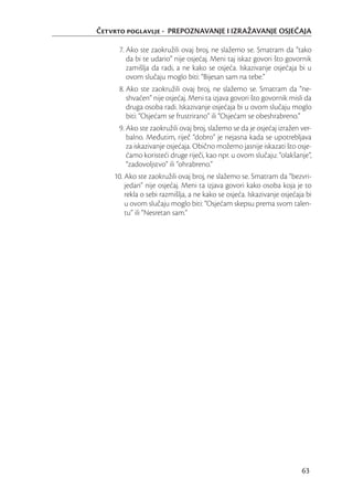 Četvrto poglavlje - PREPOZNAVANJE I IZRAŽAVANJE OSJEĆAJA

     7. Ako ste zaokružili ovaj broj, ne slažemo se. Smatram da “tako
        da bi te udario” nije osjećaj. Meni taj iskaz govori što govornik
        zamišlja da radi, a ne kako se osjeća. Iskazivanje osjećaja bi u
        ovom slučaju moglo biti: “Bijesan sam na tebe.”
     8. Ako ste zaokružili ovaj broj, ne slažemo se. Smatram da “ne-
        shvaćen” nije osjećaj. Meni ta izjava govori što govornik misli da
        druga osoba radi. Iskazivanje osjećaja bi u ovom slučaju moglo
        biti: “Osjećam se frustrirano” ili “Osjećam se obeshrabreno.”
     9. Ako ste zaokružili ovaj broj, slažemo se da je osjećaj izražen ver-
        balno. Međutim, riječ “dobro” je nejasna kada se upotrebljava
        za iskazivanje osjećaja. Obično možemo jasnije iskazati što osje-
        ćamo koristeći druge riječi, kao npr. u ovom slučaju: “olakšanje”,
        “zadovoljstvo” ili “ohrabreno.”
    10. Ako ste zaokružili ovaj broj, ne slažemo se. Smatram da “bezvri-
        jedan” nije osjećaj. Meni ta izjava govori kako osoba koja je to
        rekla o sebi razmišlja, a ne kako se osjeća. Iskazivanje osjećaja bi
        u ovom slučaju moglo biti: “Osjećam skepsu prema svom talen-
        tu” ili “Nesretan sam.”




                                                                        63
 