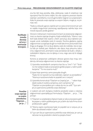Peto poglavlje - PREUZIMANJE ODGOVORNOSTI ZA VLASTITE OSJEĆAJE

                  zna što želi: koja potreba, želja, očekivanje, nada ili vrijednost nije
                  ispunjena? Kao što ćemo vidjeti, što više uspijemo povezati vlastite
                  osjećaje s potrebama, to je drugima lakše reagirati sa suosjećanjem.
                  Kako bi povezala svoje osjećaje sa svojom željom, mogla je, na pri-
                  mjer, reći:
                  “Kada su otkazali ugovor, osjetila sam se zaista iznerviranom jer sam
                  se nadala mogućnosti ponovnog zapošljavanja radnika koje smo
                  morali otpustiti prošle godine.”
   Razlikujte     Osnovni mehanizam motiviranja krivnjom je pripisivanje odgovor-
     između       nosti za vlastite osjećaje drugima. Kada roditelji kažu: “Mamu i tatu
     davanja      boli kada dobiješ loše ocjene u školi”, poručuju da je djetetov po-
    od srca i     stupak uzrok roditeljske sreće ili nesreće. Površno gledano, osjećaj
   motivacije     odgovornosti za osjećaje drugih se može lako krivo protumačiti kao
   krivnjom.      briga za drugoga. Čini se da je djetetu stalo do roditelja i da se osje-
                  ća loše jer roditelj pati. Međutim, ako djeca, koja preuzmu takvu
                  vrstu odgovornosti, promijene svoje ponašanje da bude u skladu s
                  roditeljskim željama, ona ne djeluju iz srca, nego zato da bi izbjegli
                  krivnju.
                  Korisno je prepoznati uobičajene obrasce govora koji imaju ten-
                  denciju skrivanja odgovornosti za vlastite osjećaje:
                  1) Upotreba neodređenih zamjenica kao što su “ono” i “to”: “Straš-
                     no me razbjesni kada se pravopisne greške pojave u našim publi-
                     kacijama.” “To me stvarno muči.”
                  2) Izjave koje spominju samo postupke drugih:
                     “Kada me ne nazoveš na moj rođendan, osjećam se povrijeđeno.”
                     “Mama je razočarana kada ne pojedeš sve iz tanjura.”
                  3) Upotreba konstrukcije “Osjećam se (osjećaj) jer … ” nakon koje
                     slijedi osoba ili osobna zamjenica, osim zamjenice “ja”:
                     “Osjećam se povrijeđeno jer si rekao da me ne voliš.” “Ljut sam
                     jer je supervizorica prekršila svoje obećanje.”
     Povežite     U svakom od ovih slučajeva možemo produbiti svijest o vlastitoj
svoje osjećaje    odgovornosti upotrijebljujući formulaciju: “Osjećam … jer ja …”. Na
    sa svojim     primjer:
  potrebama:      1) “Osjećam se preplavljena bijesom kada se takve pravopisne greš-
 “Osjećam …          ke pojave u našim publikacijama, jer ja želim da naša ﬁrma stvori
      jer ja …”      profesionalni ugled.”
                  2) “Mama osjeća razočaranje kada ne pojedeš sve iz tanjura, jer ja
                     želim da odrasteš snažan i zdrav.”
                  3) “Ljut sam što je supervizorica prekršila svoje obećanje, jer sam ja
                     računao na taj produženi vikend za posjetu brata.”


                                                                                      67
 