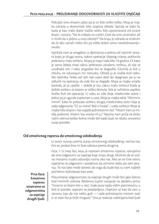 Peto poglavlje - PREUZIMANJE ODGOVORNOSTI ZA VLASTITE OSJEĆAJE

                   Pokušali smo shvatiti zašto joj je to bilo toliko teško. Moja je maj-
                   ka odrasla u ekonomski loše stojećoj obitelji. Sjećala se kako bi,
                   kada je kao malo dijete tražila nešto, bila upozoravana od strane
                   braće i sestara: “Ne bi trebala to tražiti! Znaš da smo siromašni. Jel
                   ti misliš da si jedina u ovoj obitelji?” Na kraju je odrasla sa strahom
                   da će ako zatraži nešto što joj treba dobiti samo neodobravanje i
                   osudu.
                   Ispričala nam je anegdotu iz djetinjstva o jednoj od njezinih sesta-
                   ra kojoj je druga sestra, nakon operacije slijepog crijeva, poklonila
                   prekrasnu malu torbicu. Mojoj je majci tada bilo 14 godina. O, kako
                   je samo željela imati takvu prekrasno ukrašenu torbicu, ali nije se
                   usuđivala reći. I tako, pogodite što se dogodilo. Glumila je bol u
                   trbuhu ne odustajući niti trenutka. Obitelj ju je vodila kod neko-
                   liko liječnika. Nitko od njih nije uspio doći do dijagnoze, pa su se
                   odlučili na operaciju da vide što se događa. Moja se majka smjelo
                   kockala, ali je upalilo – dobila je istu takvu malu torbicu! Kada je
                   dobila torbicu za kojom je toliko čeznula, bila je ushićena usprkos
                   ﬁzičke boli od operacije. U sobu su ušle dvije medicinske sestre i
                   jedna joj je ugurala toplomjer u usta. Moja je majka rekla: “Mmmm,
                   mmm” kako bi pokazala torbicu drugoj medicinskoj sestri koja je
                   tada odgovorila: “O, za mene? Baš ti hvala!”, i uzela torbicu! Moja je
                   majka bila očajna i nije uspjela jednostavno reći: “Nisam Vam ju mi-
                   slila pokloniti. Molim Vas vratite mi ju.” Njezina nam priča na dirljiv
                   način otkriva koliko bolno može biti kada ljudi ne iskažu otvoreno
                   svoje potrebe.


Od emotivnog ropstva do emotivnog oslobođenja
                   U svom razvoju prema stanju emotivnog oslobođenja, većina nas,
                   čini se, prolazi kroz tri faze odnosa prema drugima.
                   Faza 1: U ovoj fazi, koju ja nazivam emotivno ropstvo, vjerujemo
                   da smo odgovorni za osjećaje koje imaju drugi. Mislimo da se stal-
                   no moramo truditi udovoljiti svima oko nas. Ako se ne čine sretni,
                   osjećamo se odgovorni i potaknuti da učinimo nešto po tom pita-
                   nju. To nas lako može dovesti do toga da ljude koji su nam najbliži
                   počnemo doživljavati kao teret.
     Prva faza:
     Emotivno      Preuzimanje odgovornosti za osjećaje drugih može biti jako štetno
      ropstvo:     kod intimnih odnosa. Redovno čujem varijacije na sljedeću temu:
  smatramo se      “Stvarno se bojim biti u vezi. Svaki puta kada vidim partnera/icu u
 odgovornima       boli ili potrebi, osjećam se preplavljeno. Osjećam se kao da sam u
    za osjećaje    zatvoru, kao da me nešto guši – i tada jednostavno moram izaći
   drugih ljudi.   iz te veze što je brže moguće.” Ova je reakcija uobičajena kod ljudi


                                                                                      71
 