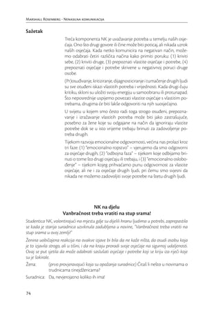 Marshall Rosenberg - Nenasilna komunikacija


Sažetak
                       Treća komponenta NK je uvažavanje potreba u temelju naših osje-
                       ćaja. Ono što drugi govore ili čine može biti poticaj, ali nikada uzrok
                       naših osjećaja. Kada netko komunicira na negativan način, može-
                       mo odabrati četiri različita načina kako primiti poruku: (1) kriviti
                       sebe, (2) kriviti druge, (3) prepoznati vlastite osjećaje i potrebe, (4)
                       prepoznati osjećaje i potrebe skrivene u negativnoj poruci druge
                       osobe.
                       (Pr)osuđivanje, kritiziranje, dijagnosticiranje i tumačenje drugih ljudi
                       su sve otuđeni iskazi vlastitih potreba i vrijednosti. Kada drugi čuju
                       kritiku, skloni su uložiti svoju energiju u samoobranu ili protunapad.
                       Što neposrednije uspijemo povezati vlastite osjećaje s vlastitim po-
                       trebama, drugima će biti lakše odgovoriti na njih suosjećajno.
                       U svijetu u kojem smo često radi toga strogo osuđeni, prepozna-
                       vanje i izražavanje vlastitih potreba može biti jako zastrašujuće,
                       posebno za žene koje su odgajane na način da ignoriraju vlastite
                       potrebe dok se u isto vrijeme trebaju brinuti za zadovoljenje po-
                       treba drugih.
                       Tijekom razvoja emocionalne odgovornosti, većina nas prolazi kroz
                       tri faze: (1) “emocionalno ropstvo” – vjerujemo da smo odgovorni
                       za osjećaje drugih, (2) “odbojna faza” – tijekom koje odbijamo bri-
                       nuti o tome što drugi osjećaju ili trebaju, i (3) “emocionalno oslobo-
                       đenje” – tijekom kojeg prihvaćamo punu odgovornost za vlastite
                       osjećaje, ali ne i za osjećaje drugih ljudi, pri čemu smo svjesni da
                       nikada ne možemo zadovoljiti svoje potrebe na štetu drugih ljudi.




                                   NK na djelu
                      Vanbračnost treba vratiti na stup srama!
Studentica NK, volontirajući na mjestu gdje su dijelili hranu ljudima u potrebi, zaprepastila
se kada je starija suradnica uzviknula zadubljena u novine, “Vanbračnost treba vratiti na
stup srama u ovoj zemlji!”
Ženina uobičajena reakcija na ovakve izjave bi bila da ne kaže ništa, da osudi osobu koja
je to izjavila strogo, ali u tišini, i da na kraju proradi svoje osjećaje na sigurnoj udaljenosti.
Ovaj se put sjetila da može odabrati saslušati osjećaje i potrebe koji se kriju iza riječi koje
su je šokirale.
Žena:          (prvo provjeravajući koja su opažanja suradnice) Čitaš li nešto u novinama o
               trudnicama tinejdžericama?
Suradnica: Da, nevjerojatno koliko ih ima!


74
 